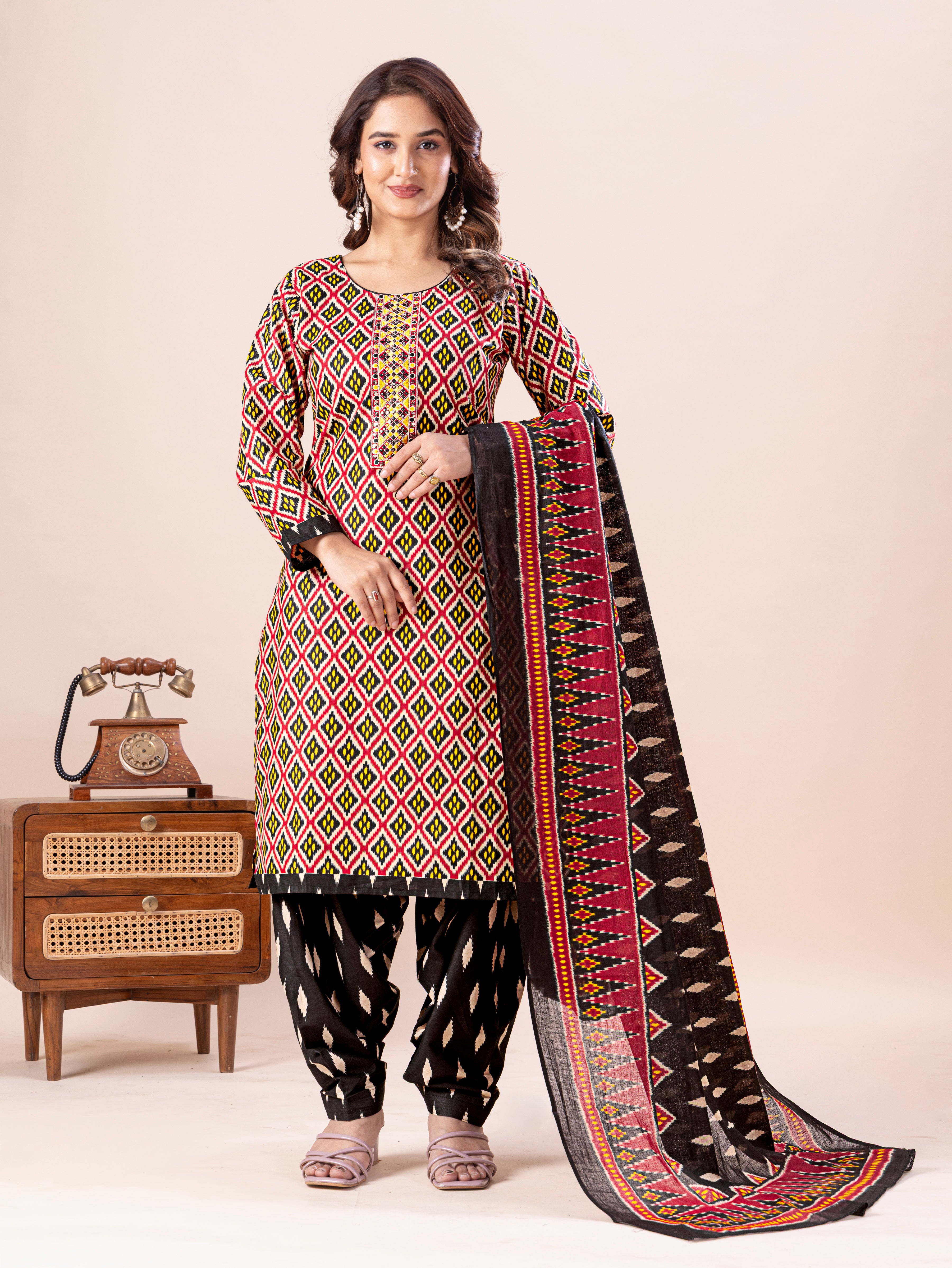 Multicolor Geometric Print Patiala Suit Set