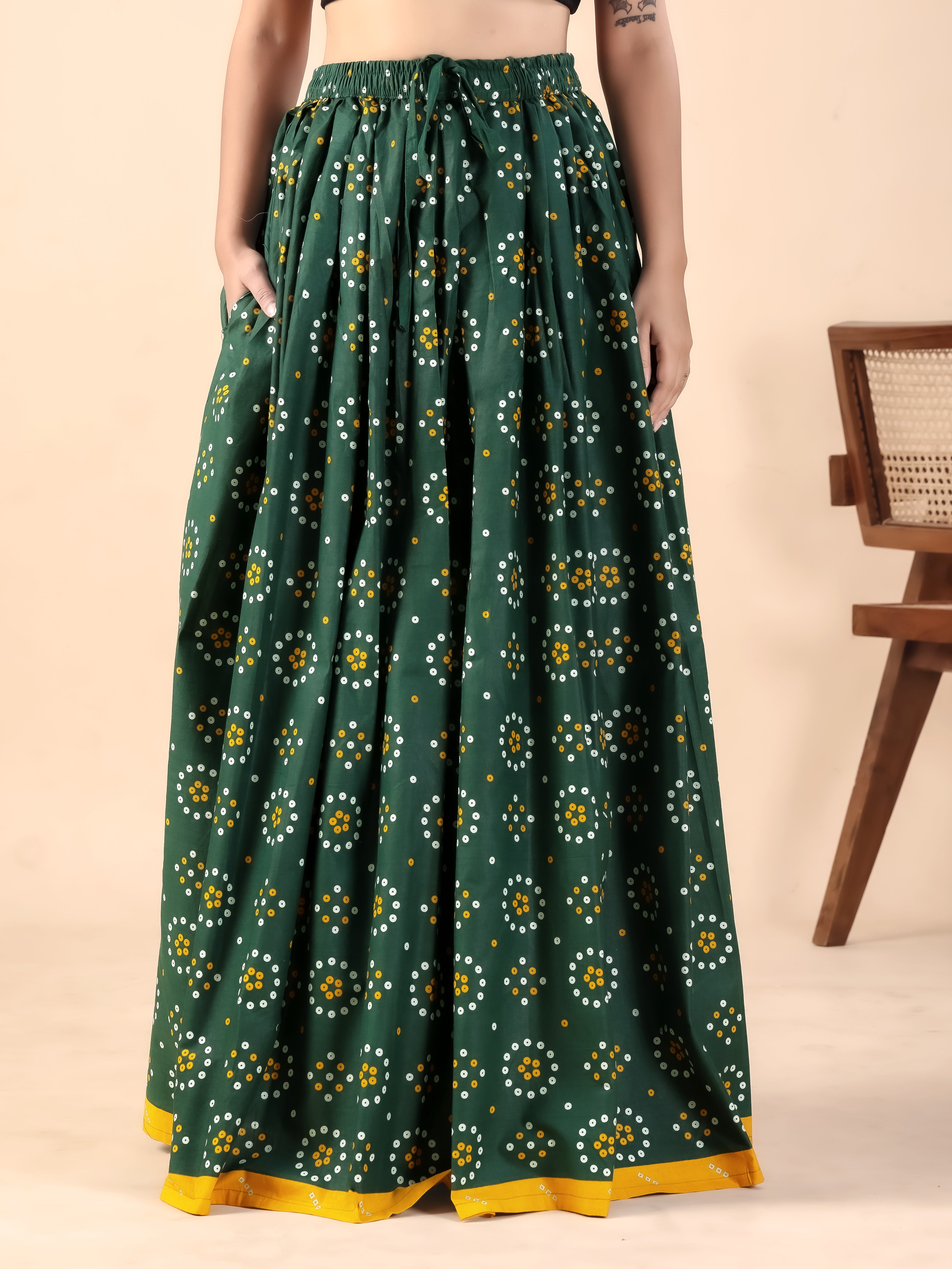 Green Printed Flared Skirt