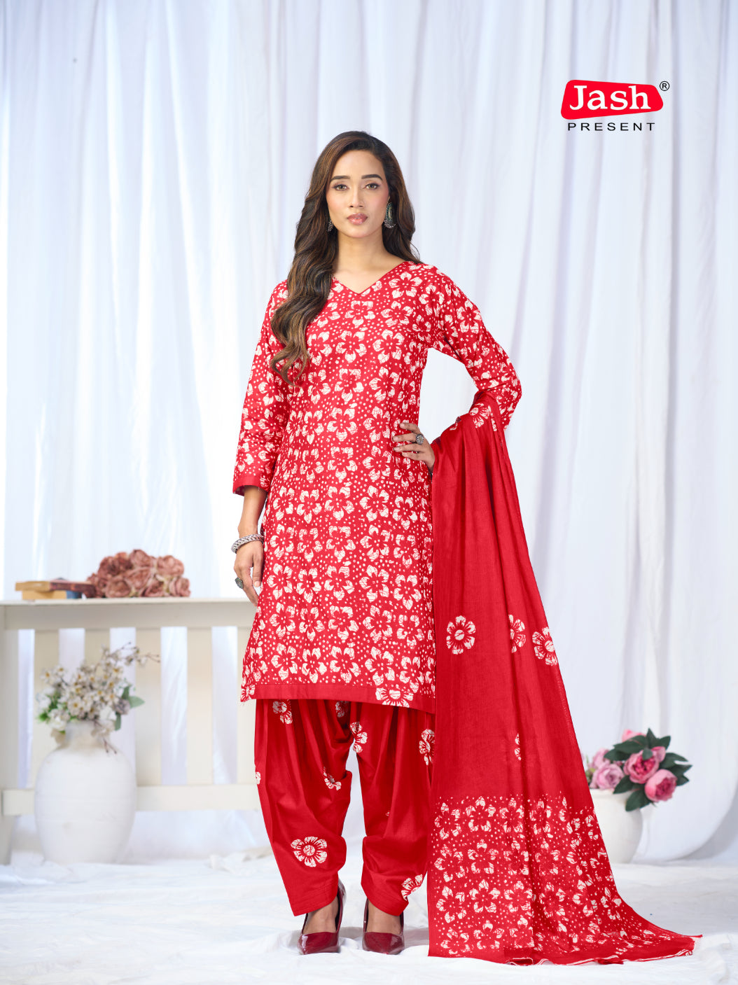 Red Floral Printed Patiala Suit Set with Dupatta