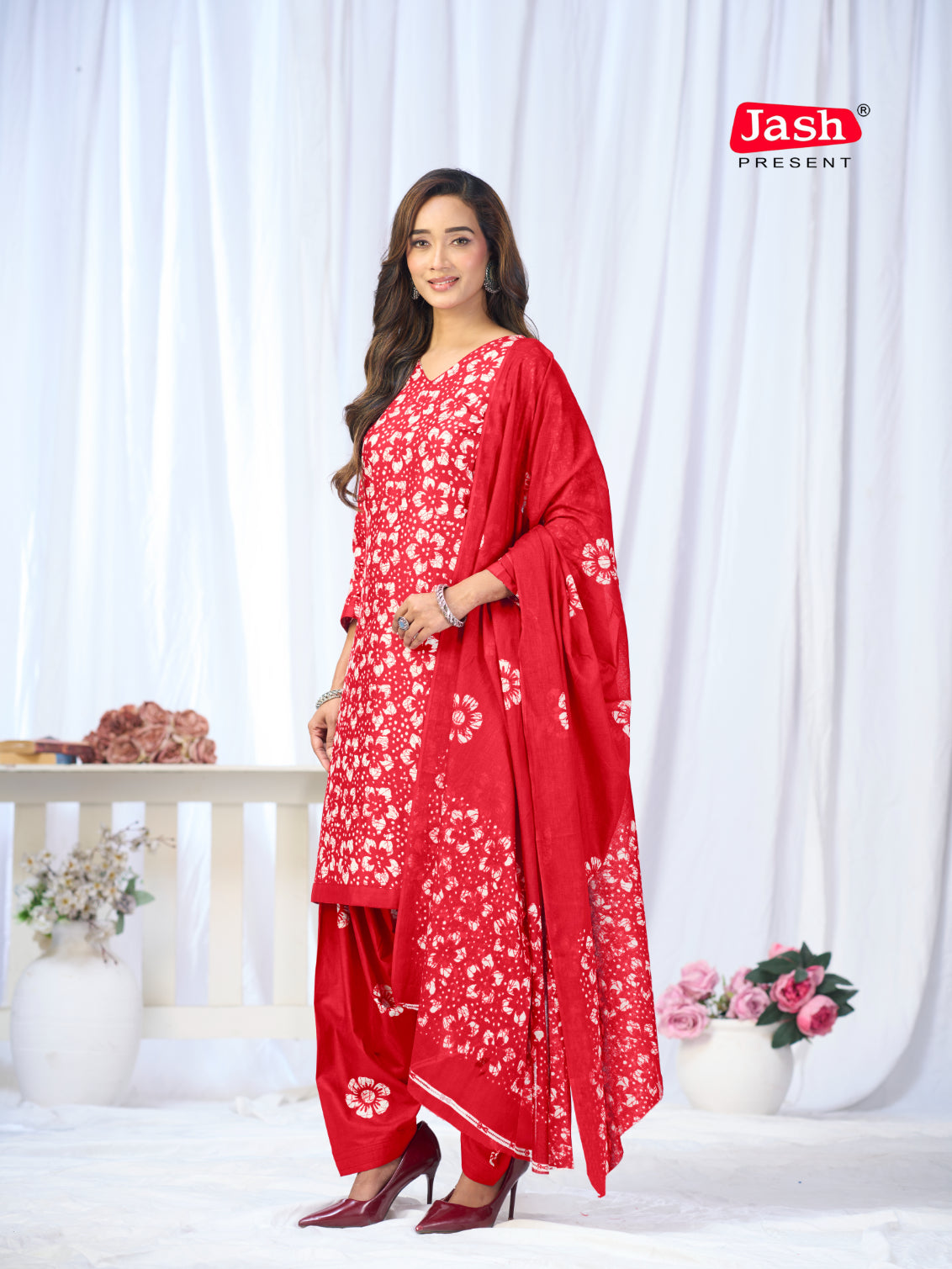 Red Floral Printed Patiala Suit Set with Dupatta