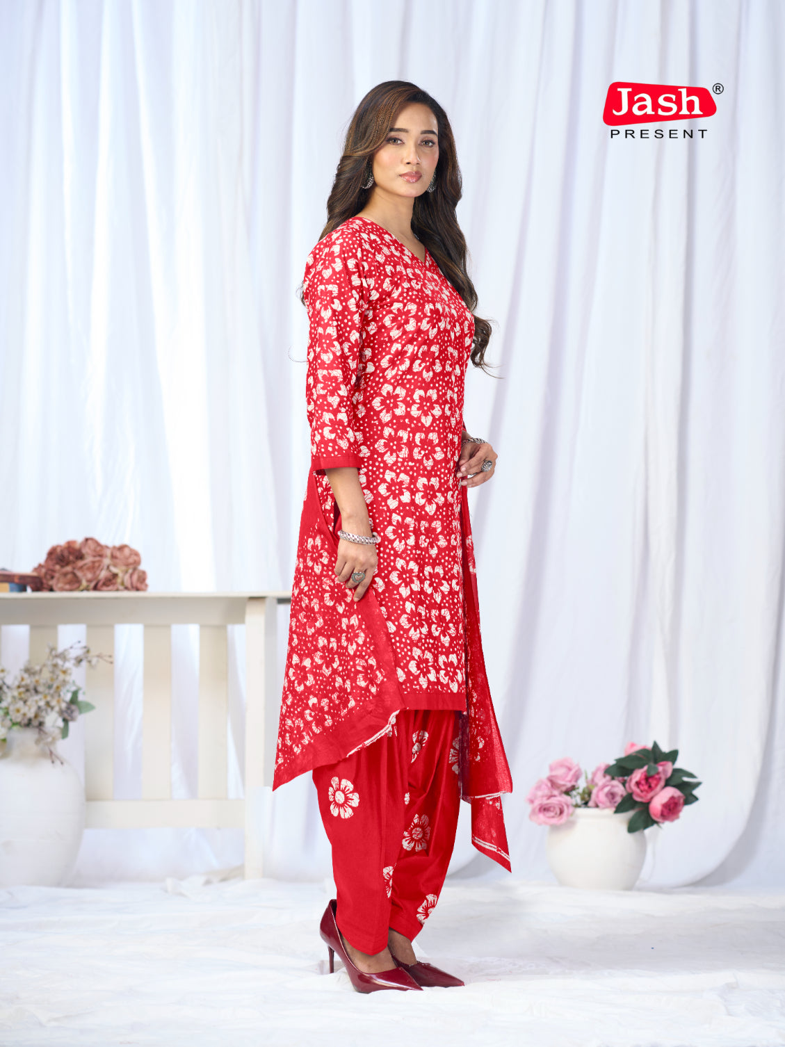 Red Floral Printed Patiala Suit Set with Dupatta