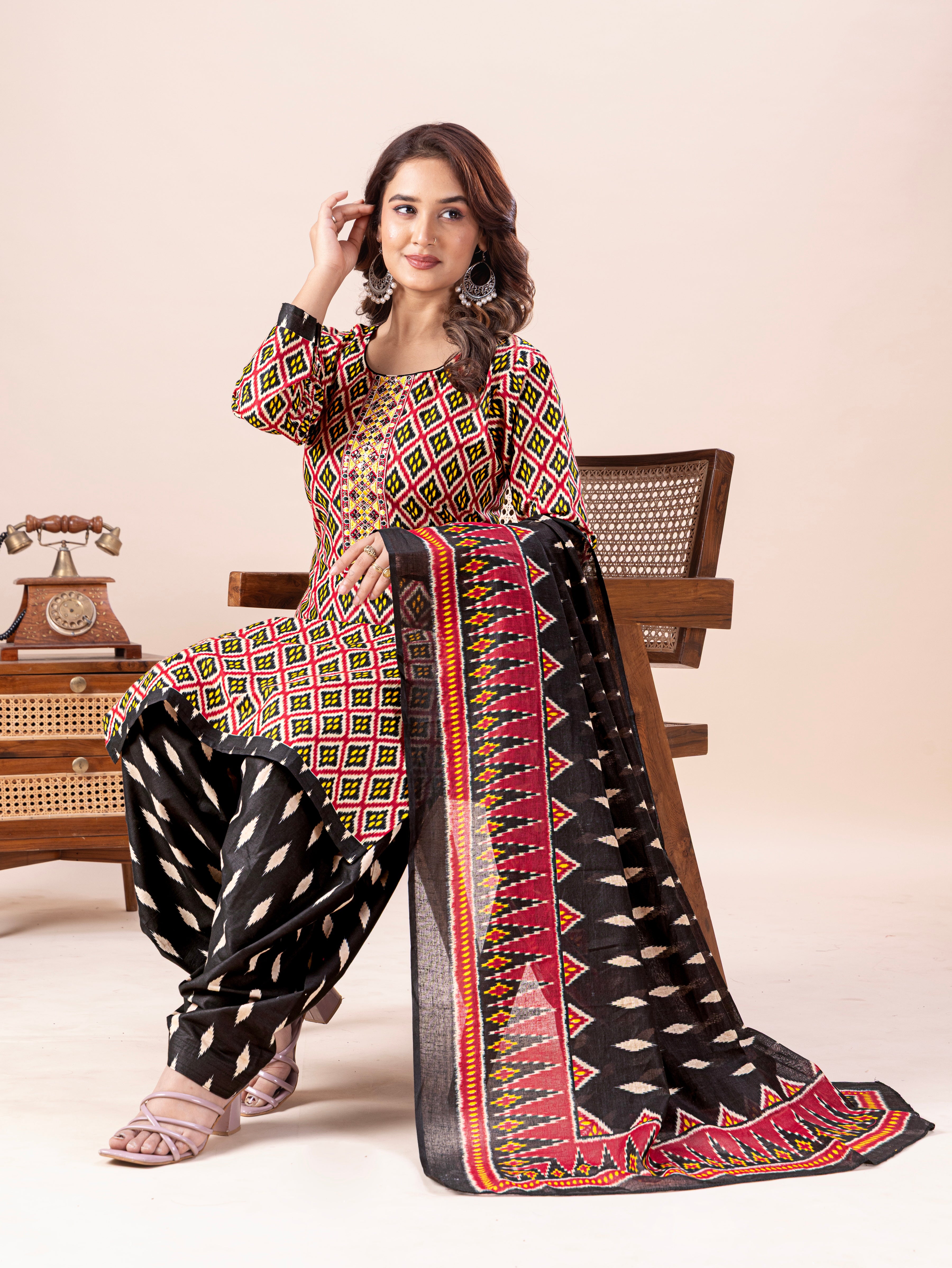 Multicolor Geometric Print Patiala Suit Set