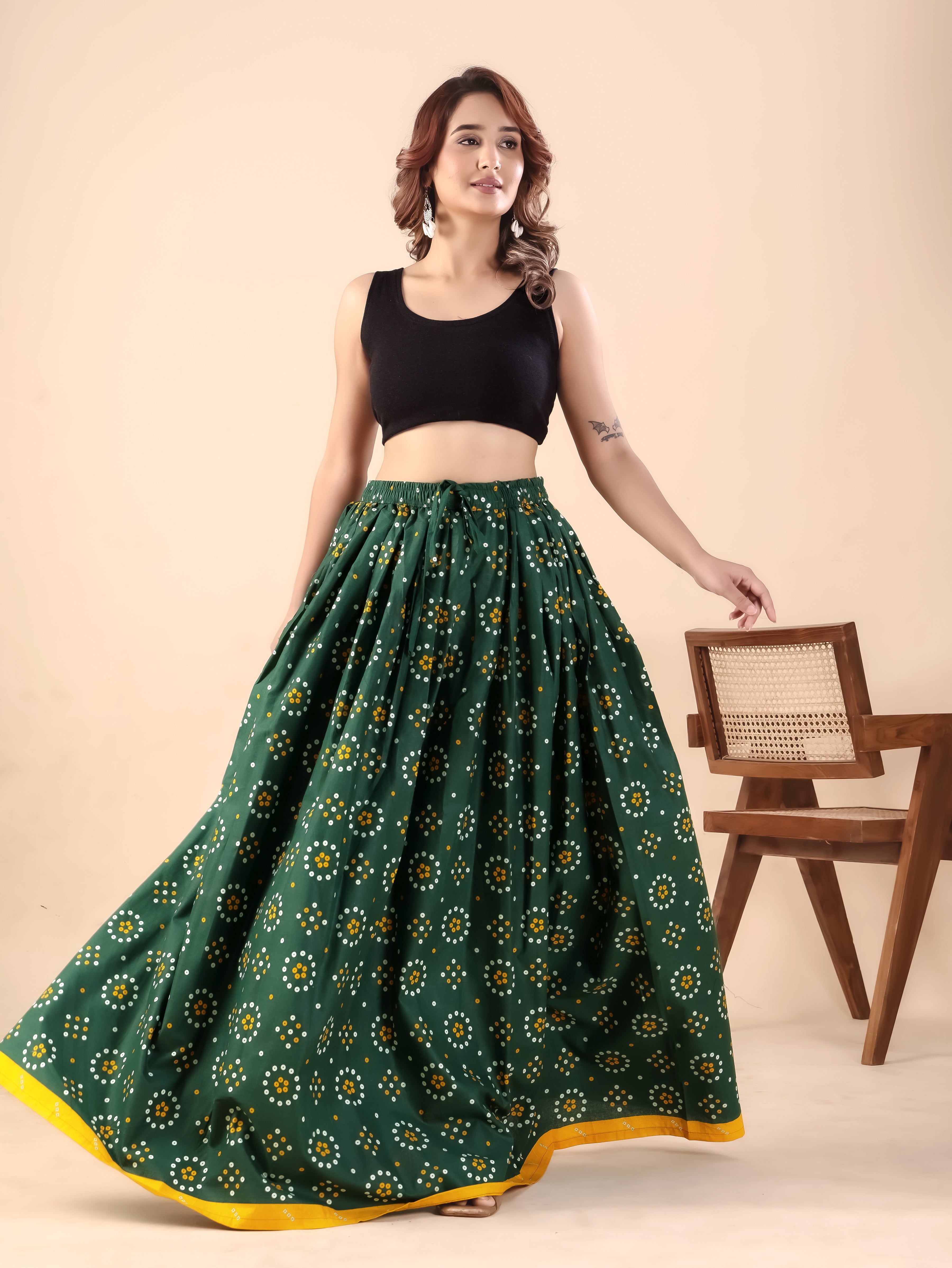 Green Printed Flared Skirt