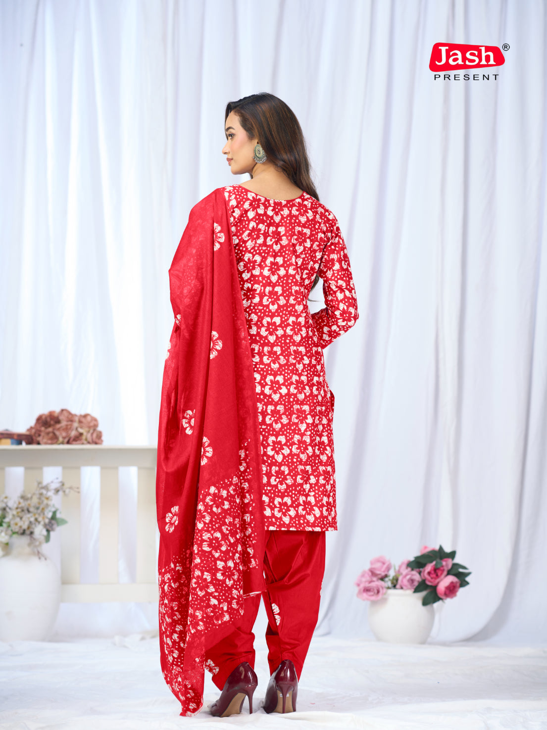 Red Floral Printed Patiala Suit Set with Dupatta