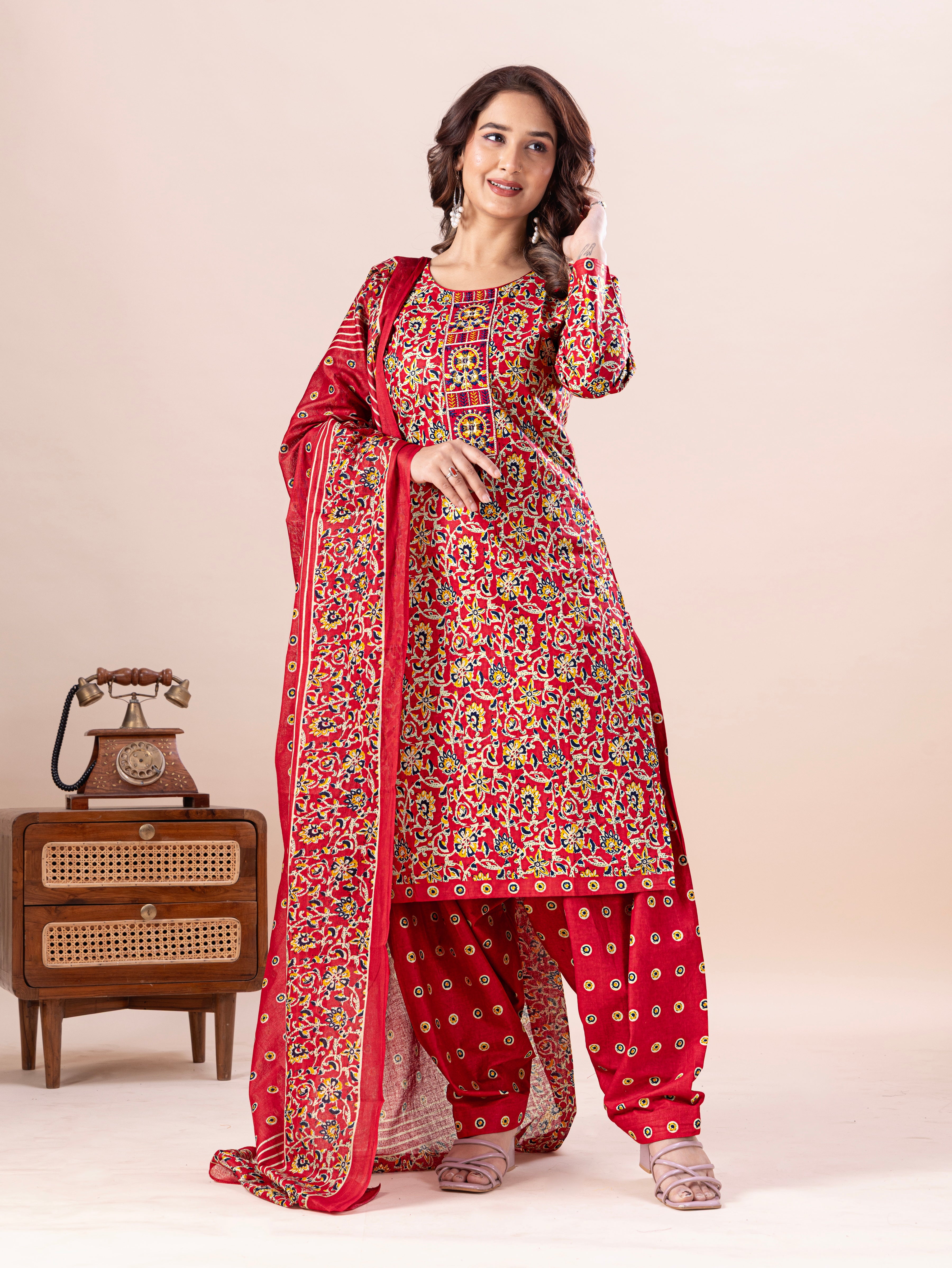 Red Floral Print Patiala Suit Set
