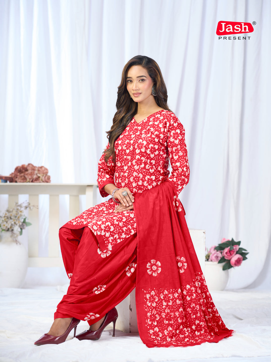 Red Floral Printed Patiala Suit Set with Dupatta