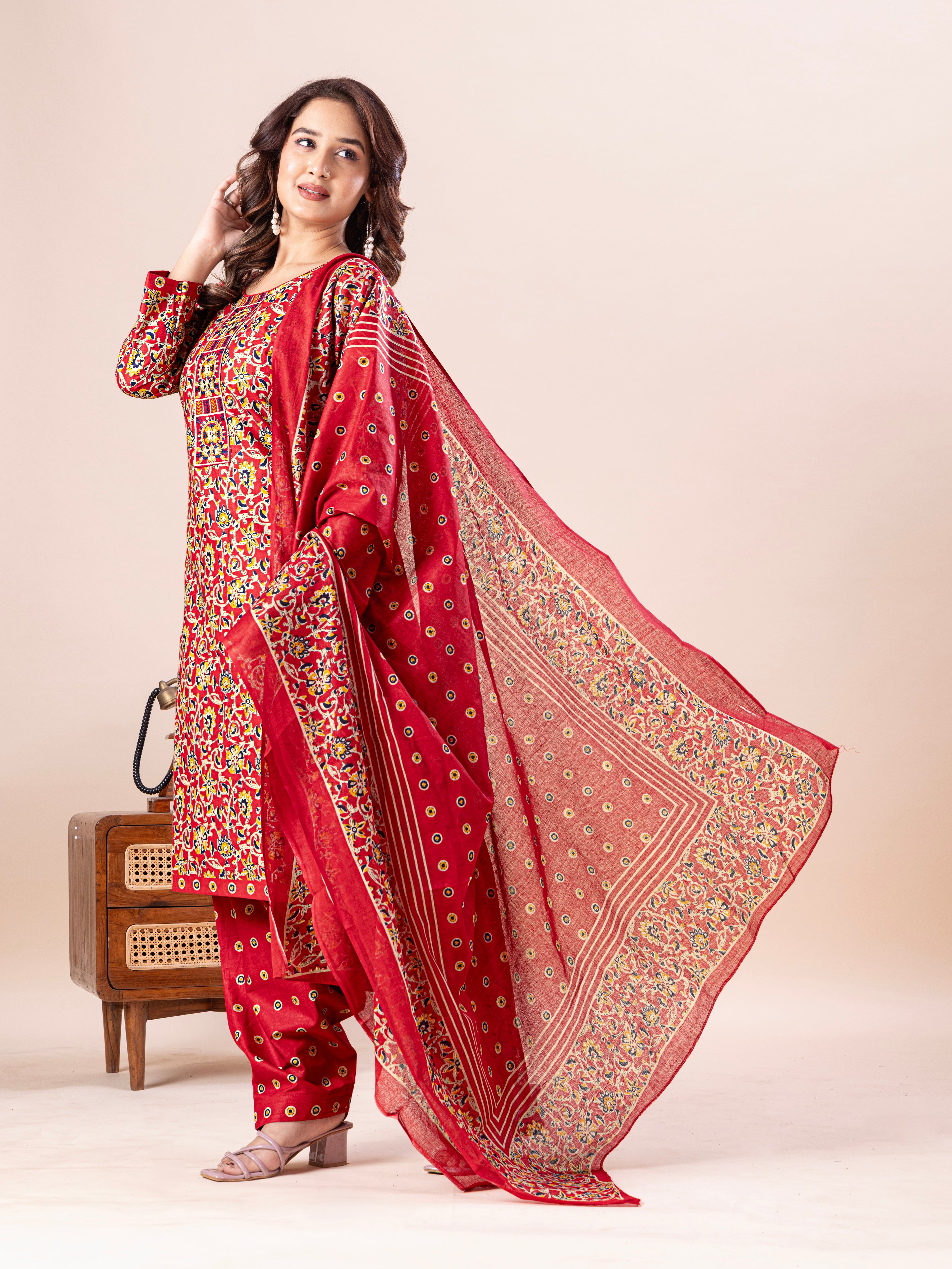Red Floral Print Patiala Suit Set
