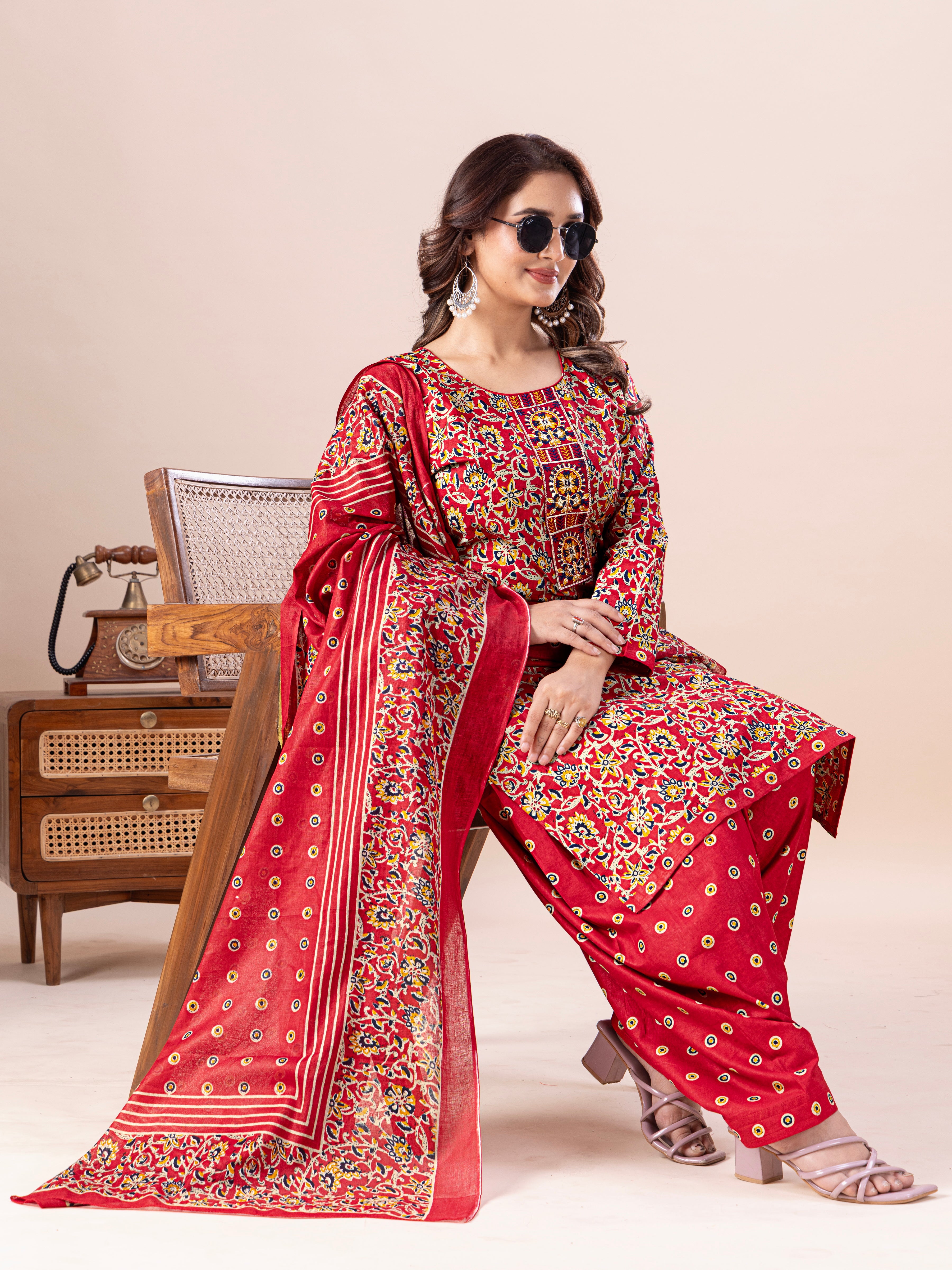 Red Floral Print Patiala Suit Set