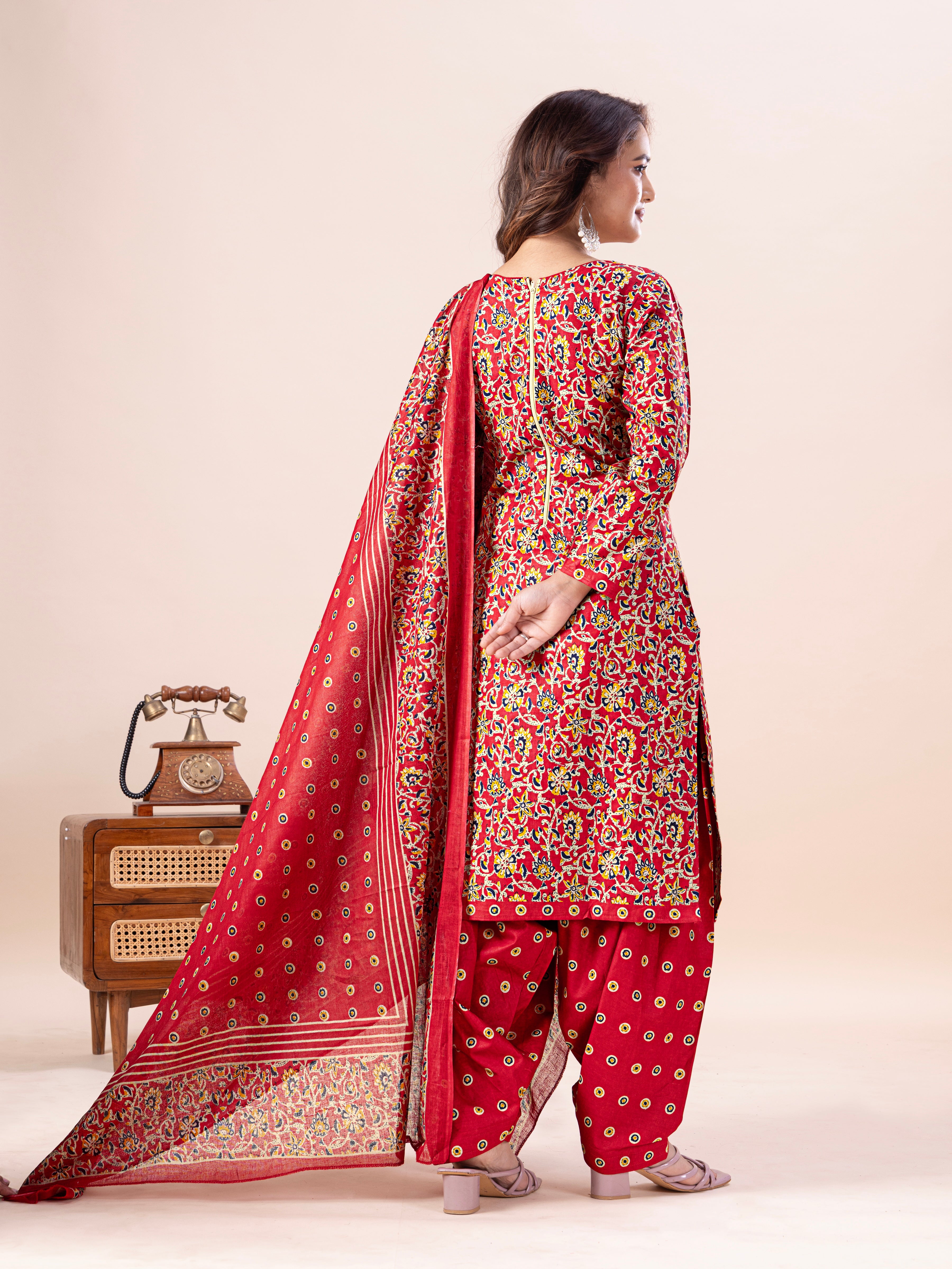 Red Floral Print Patiala Suit Set