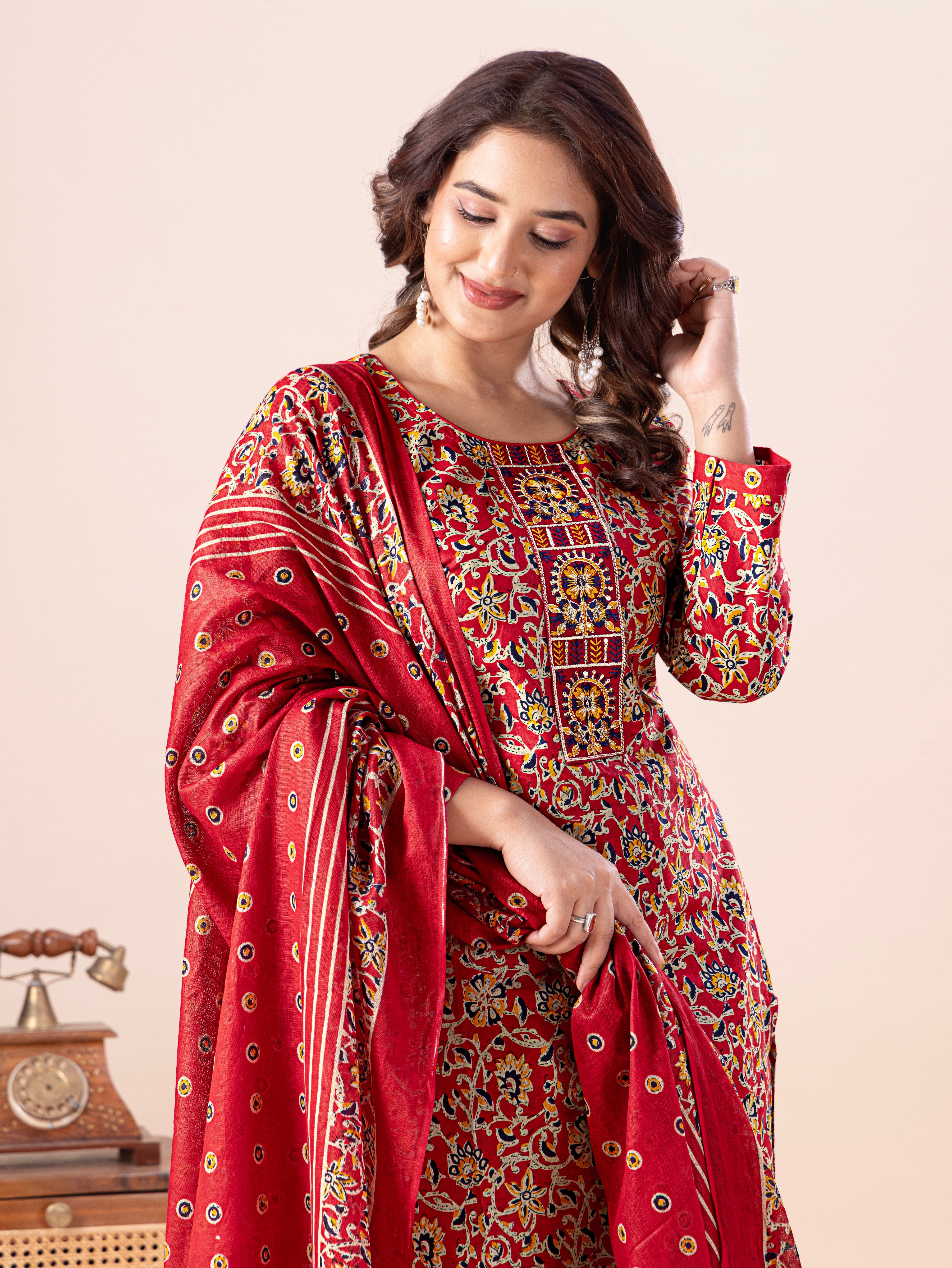 Red Floral Print Patiala Suit Set