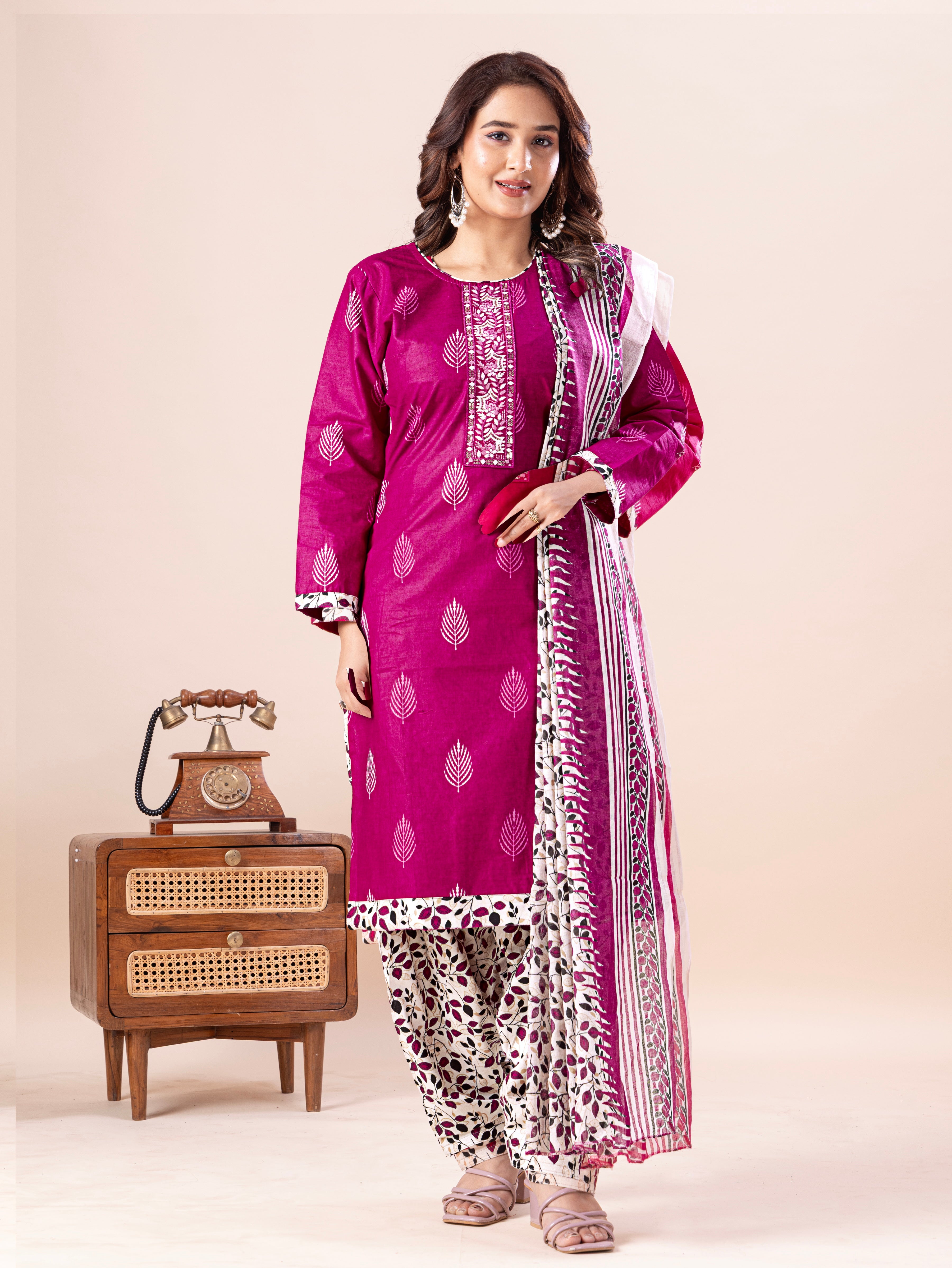 Magenta Leaf Print Patiala Suit Set