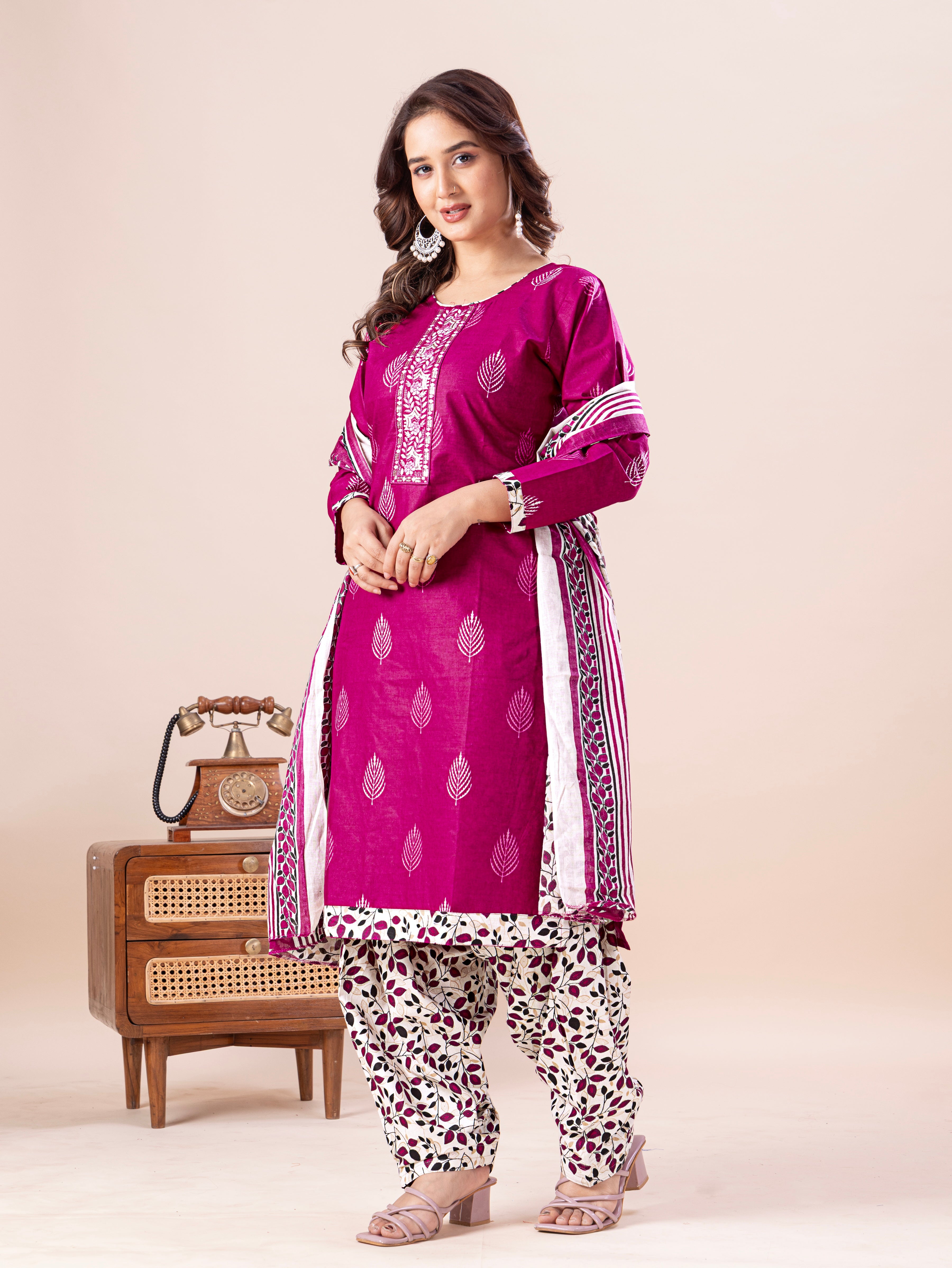 Magenta Leaf Print Patiala Suit Set