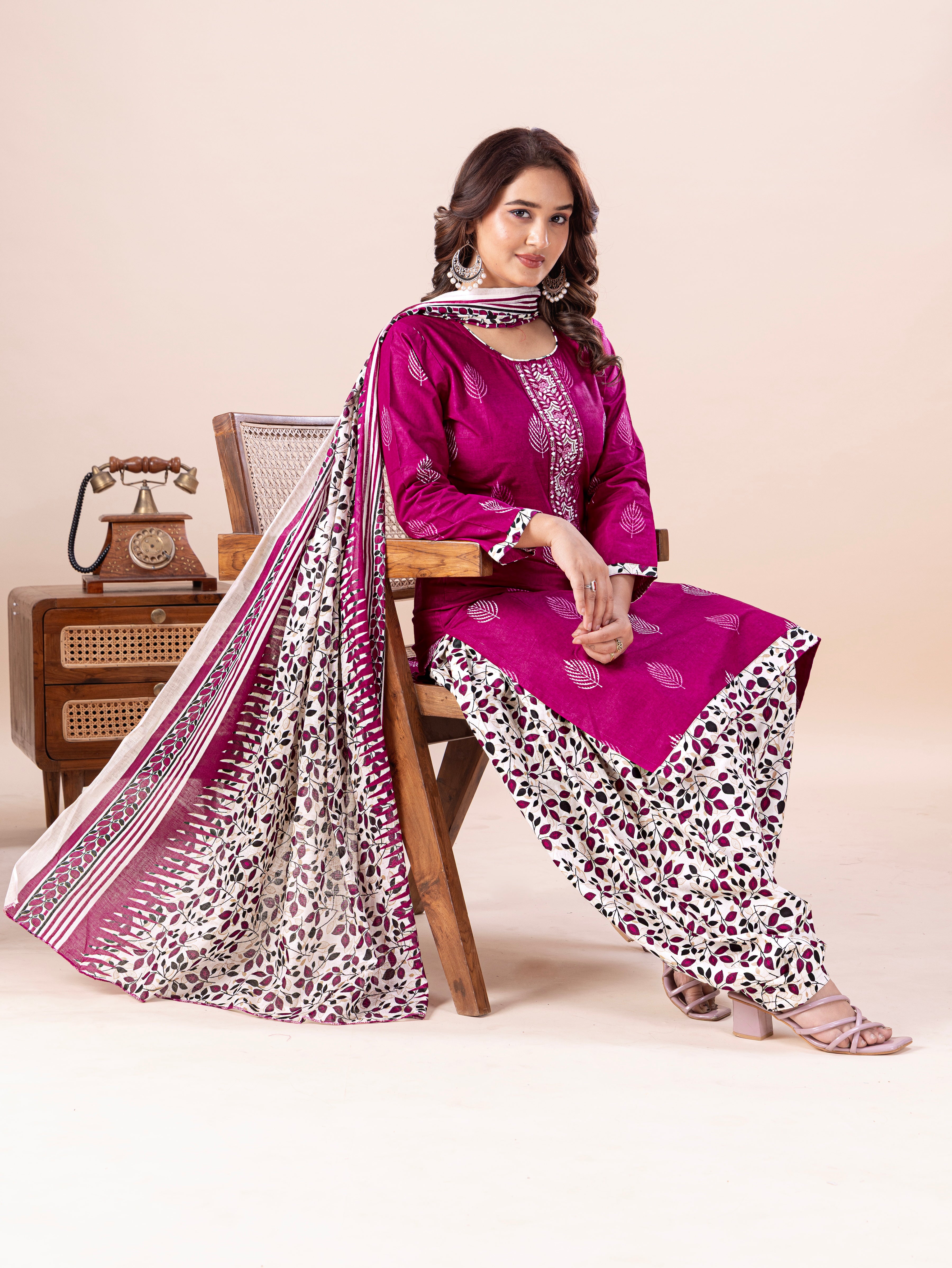 Magenta Leaf Print Patiala Suit Set