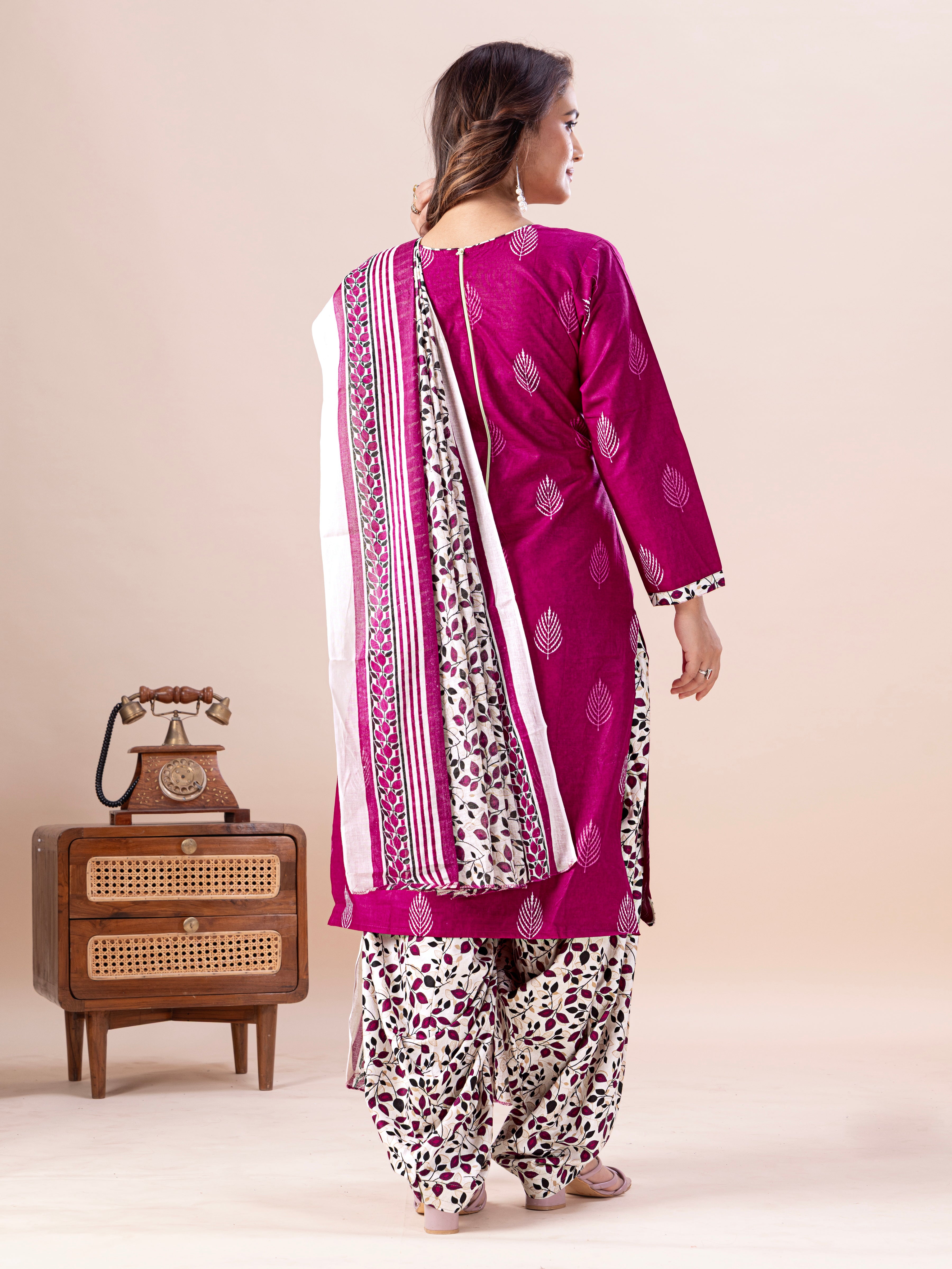 Magenta Leaf Print Patiala Suit Set