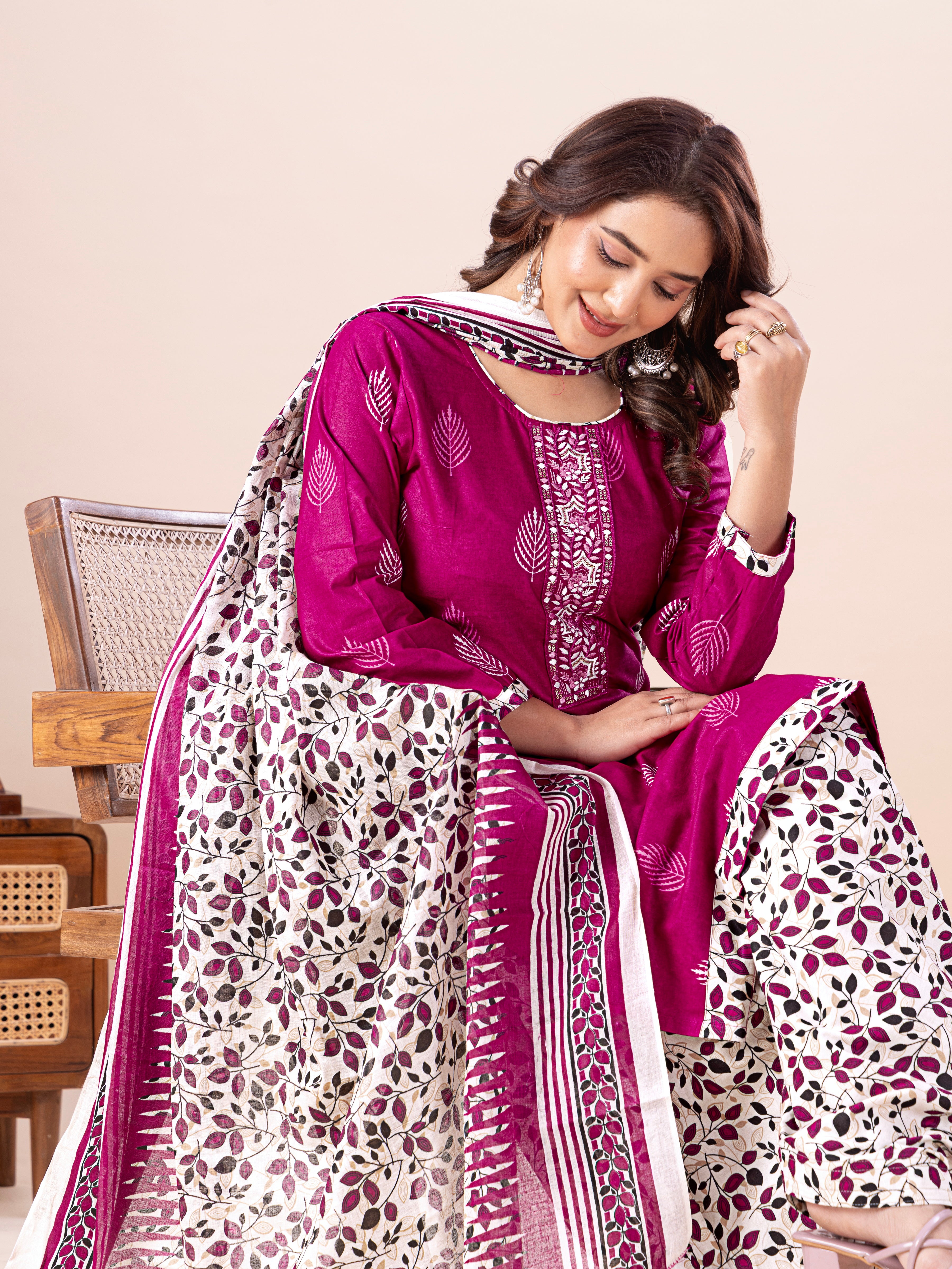 Magenta Leaf Print Patiala Suit Set