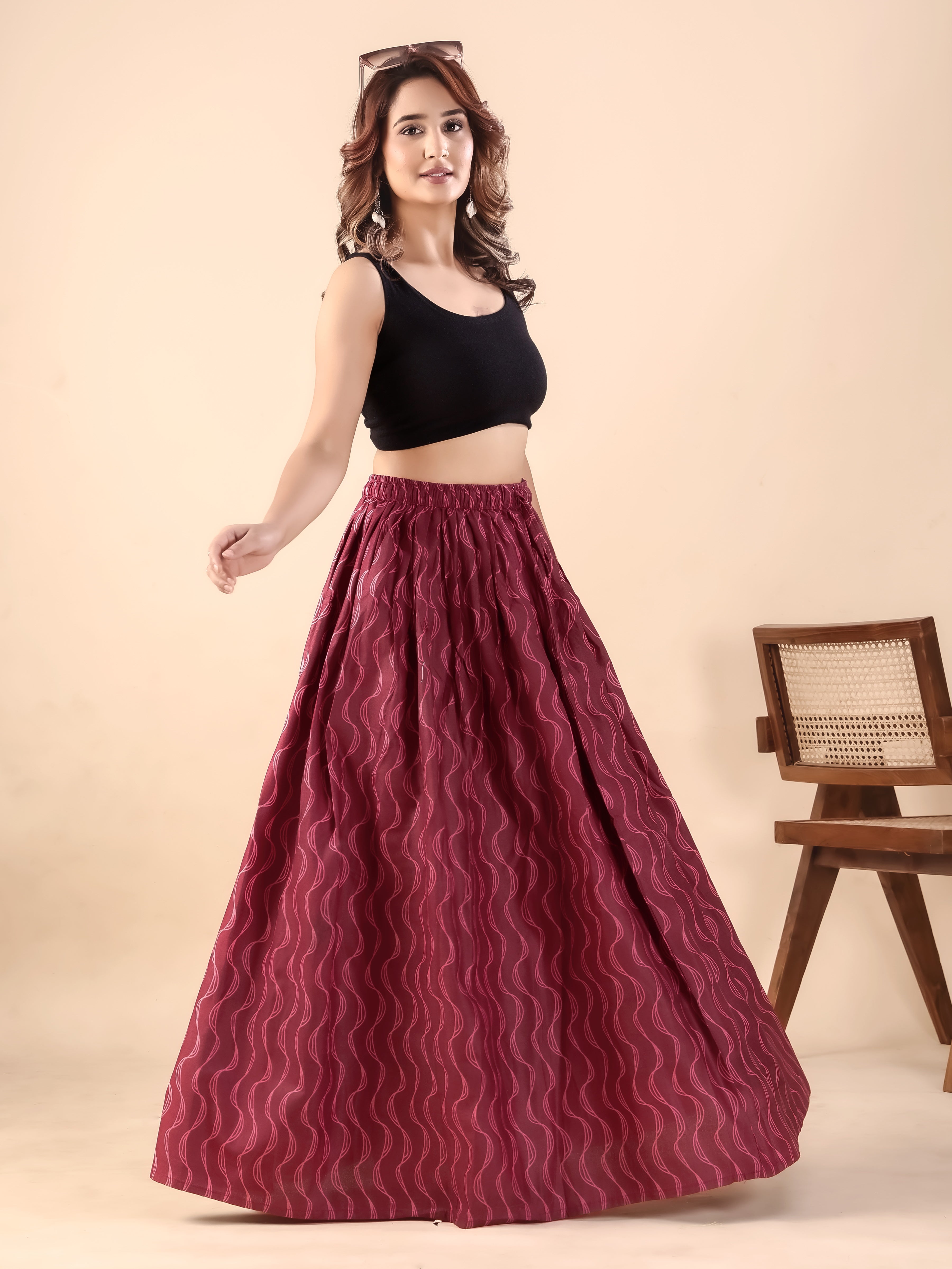 Maroon Printed Flared Skirt