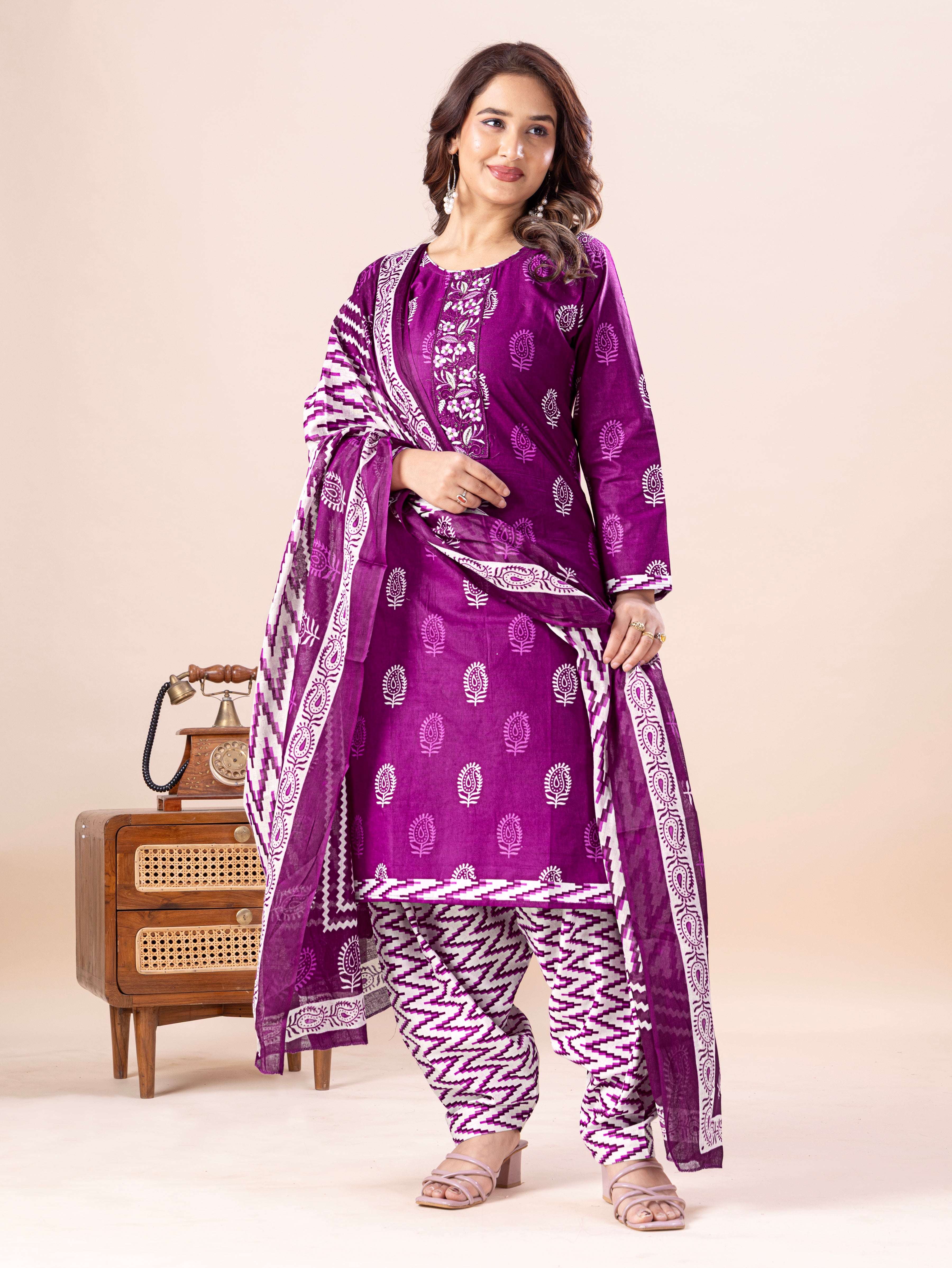 Purple Traditional Print Patiala Suit Set