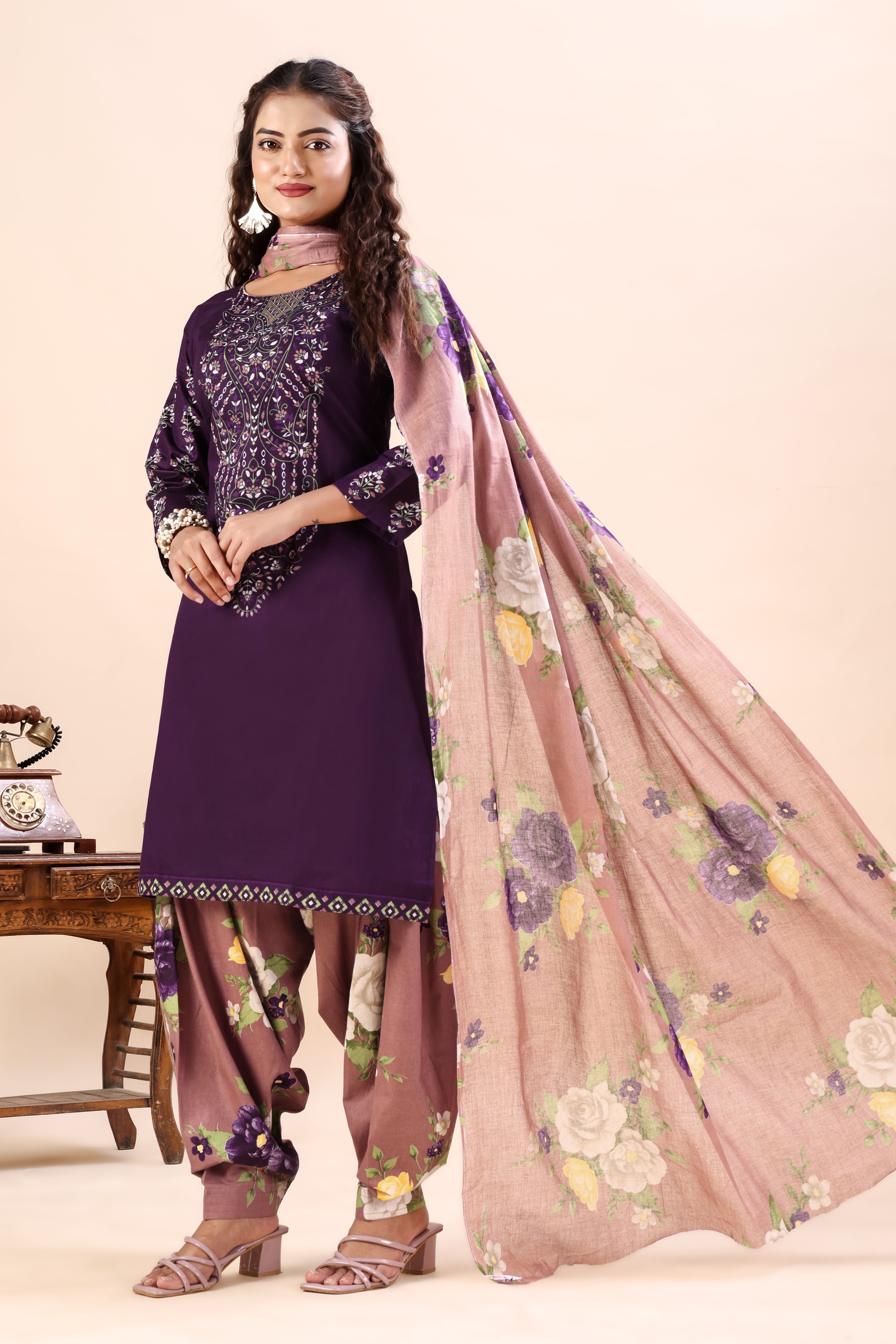 Purple Floral Printed Patiala Suit Set