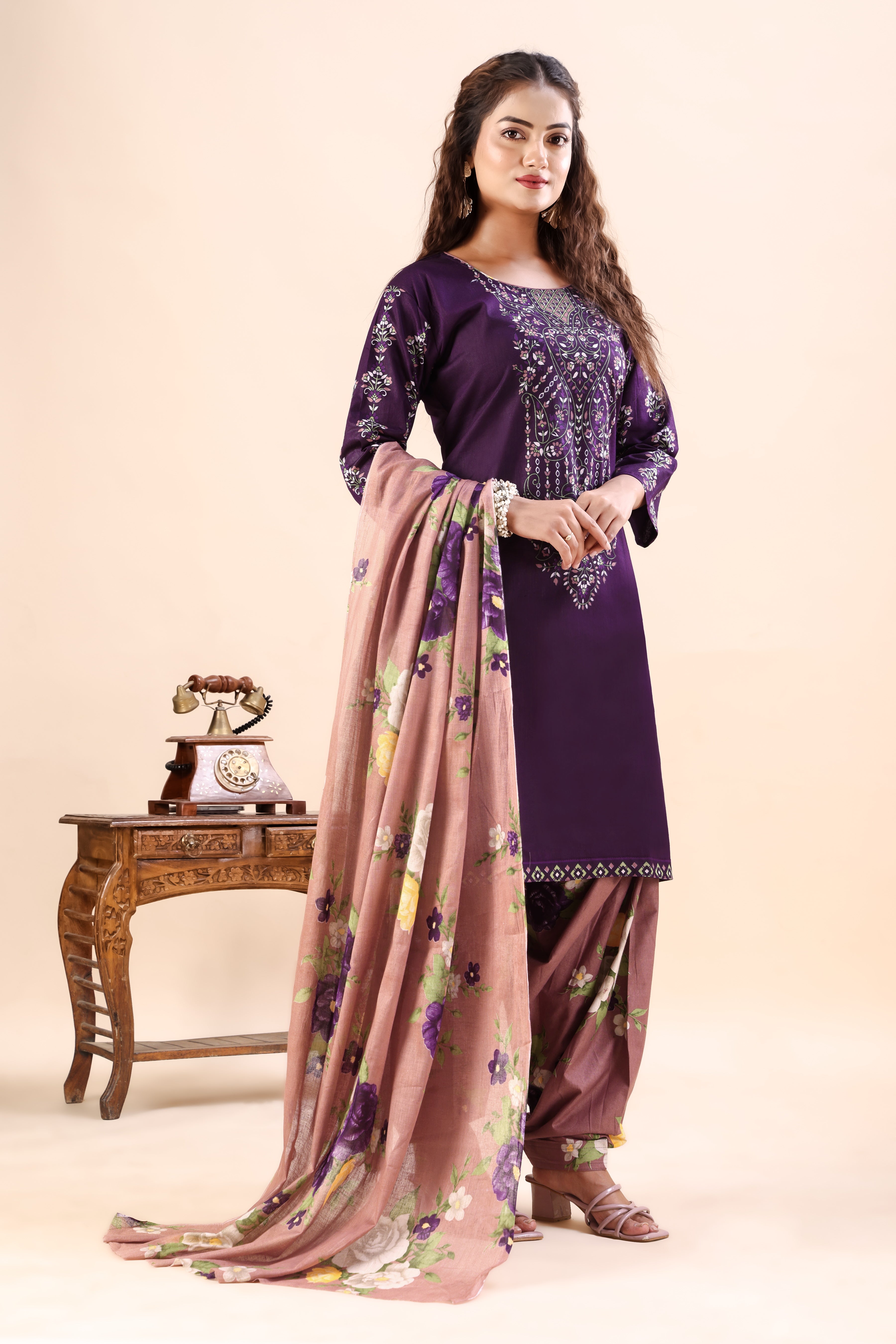 Purple Floral Printed Patiala Suit Set