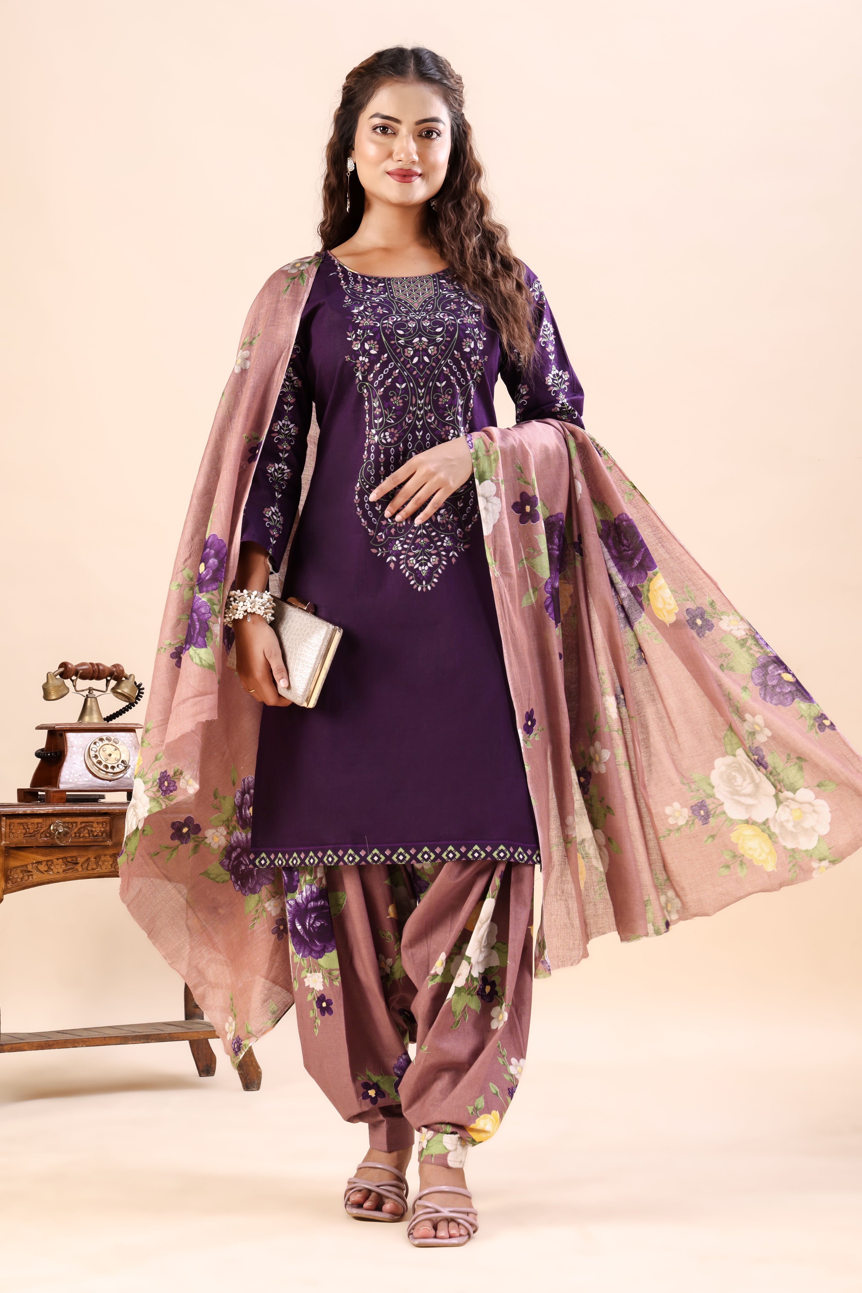 Purple Floral Printed Patiala Suit Set