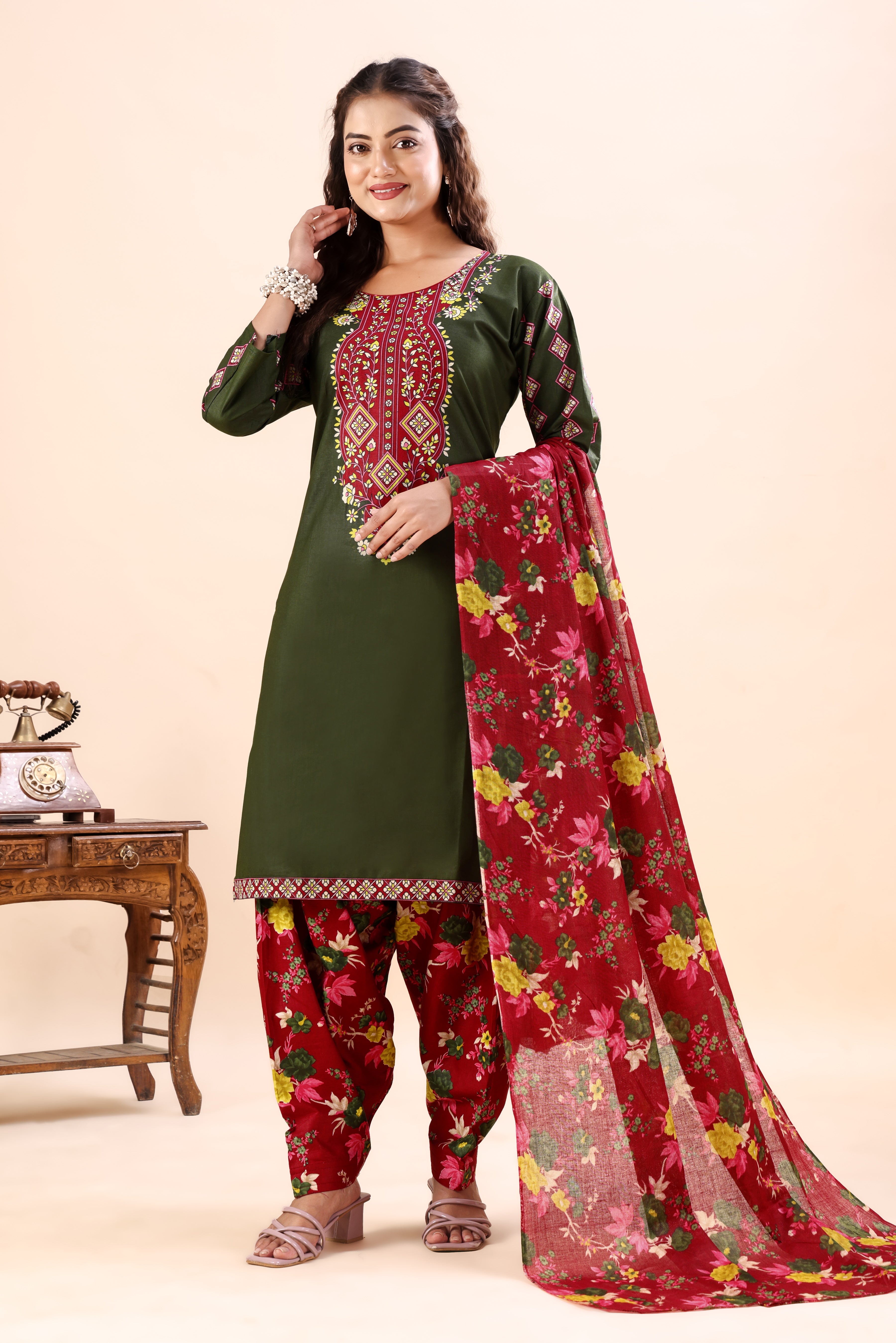 Olive Green Printed Patiala Suit Set