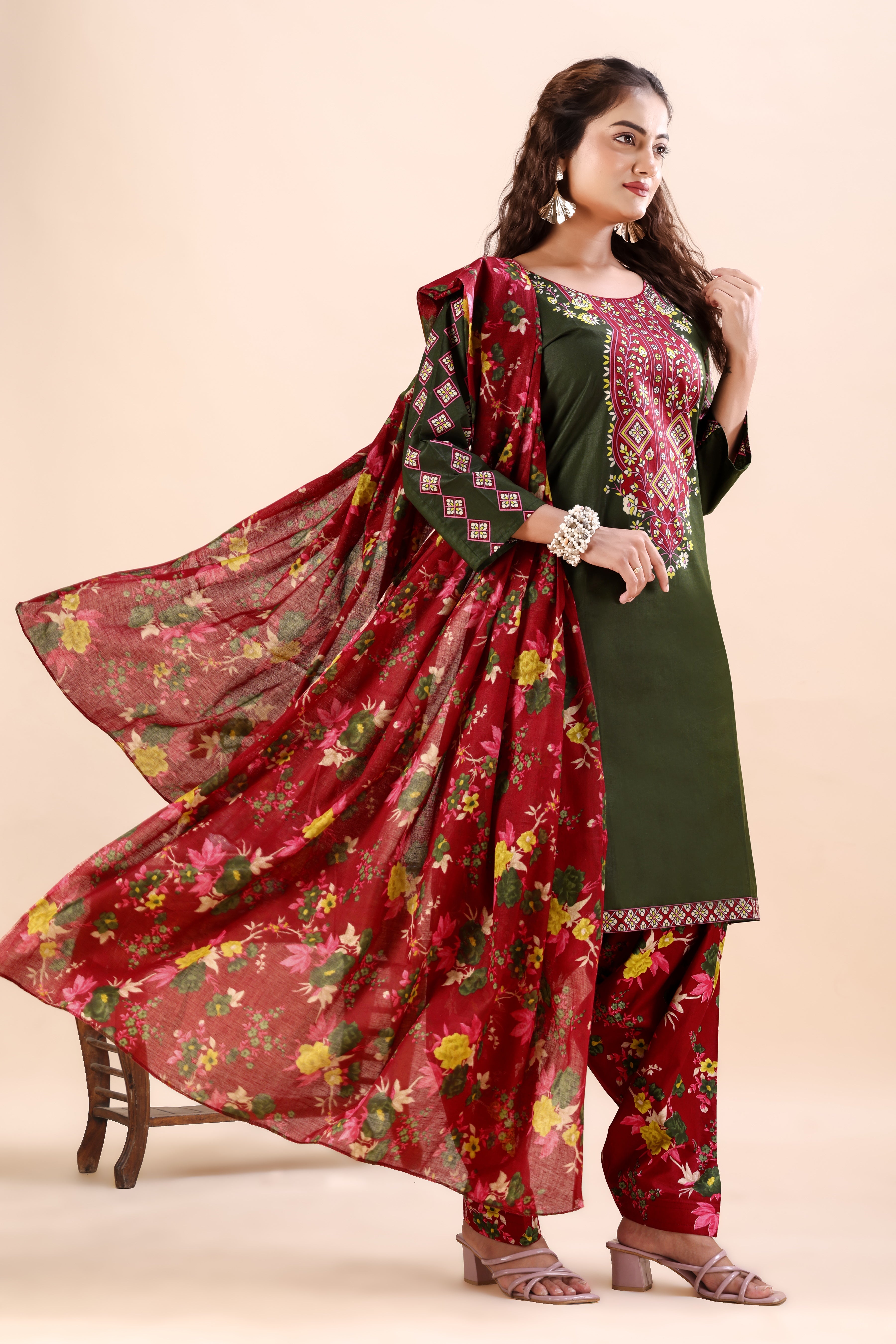 Olive Green Printed Patiala Suit Set
