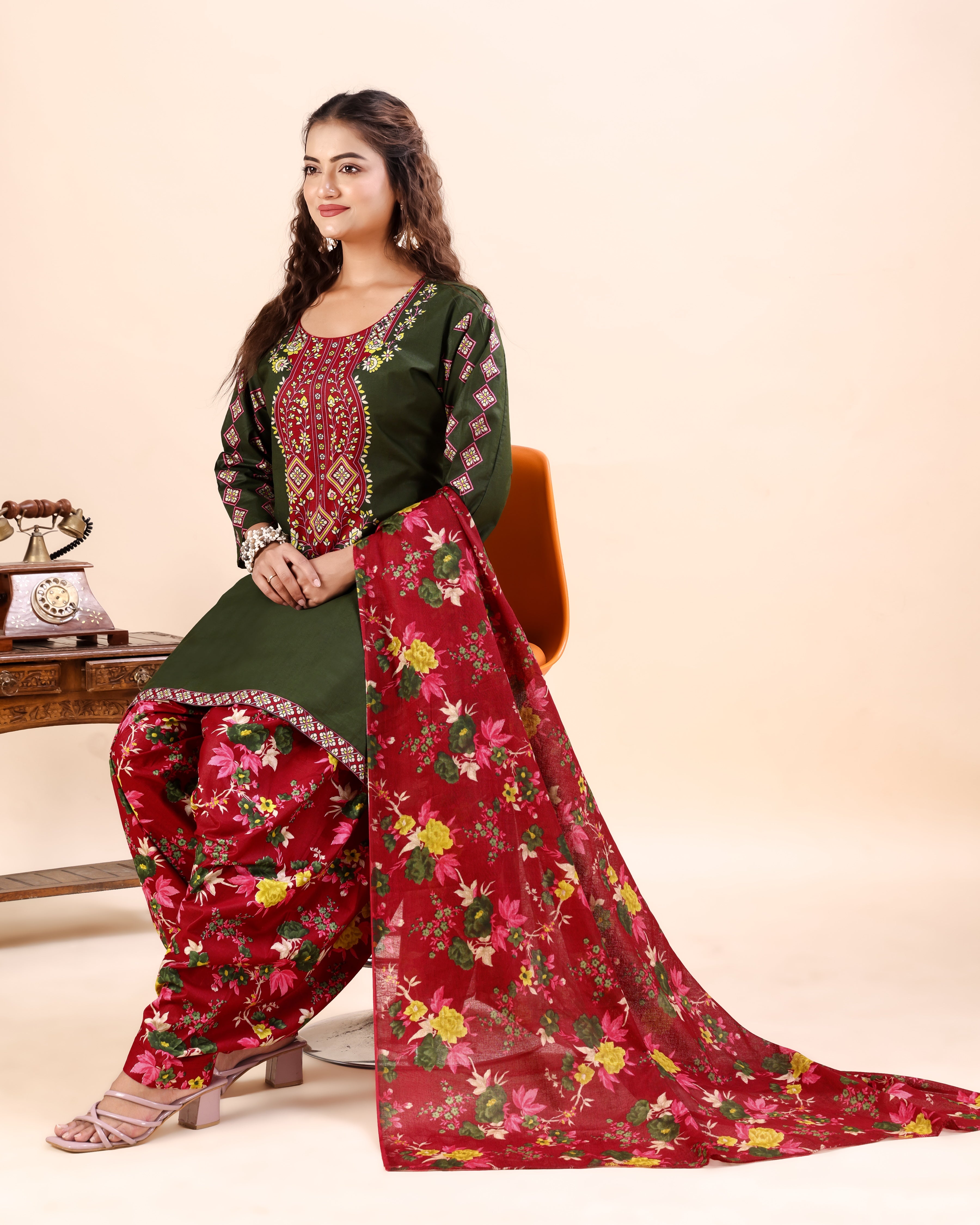 Olive Green Printed Patiala Suit Set