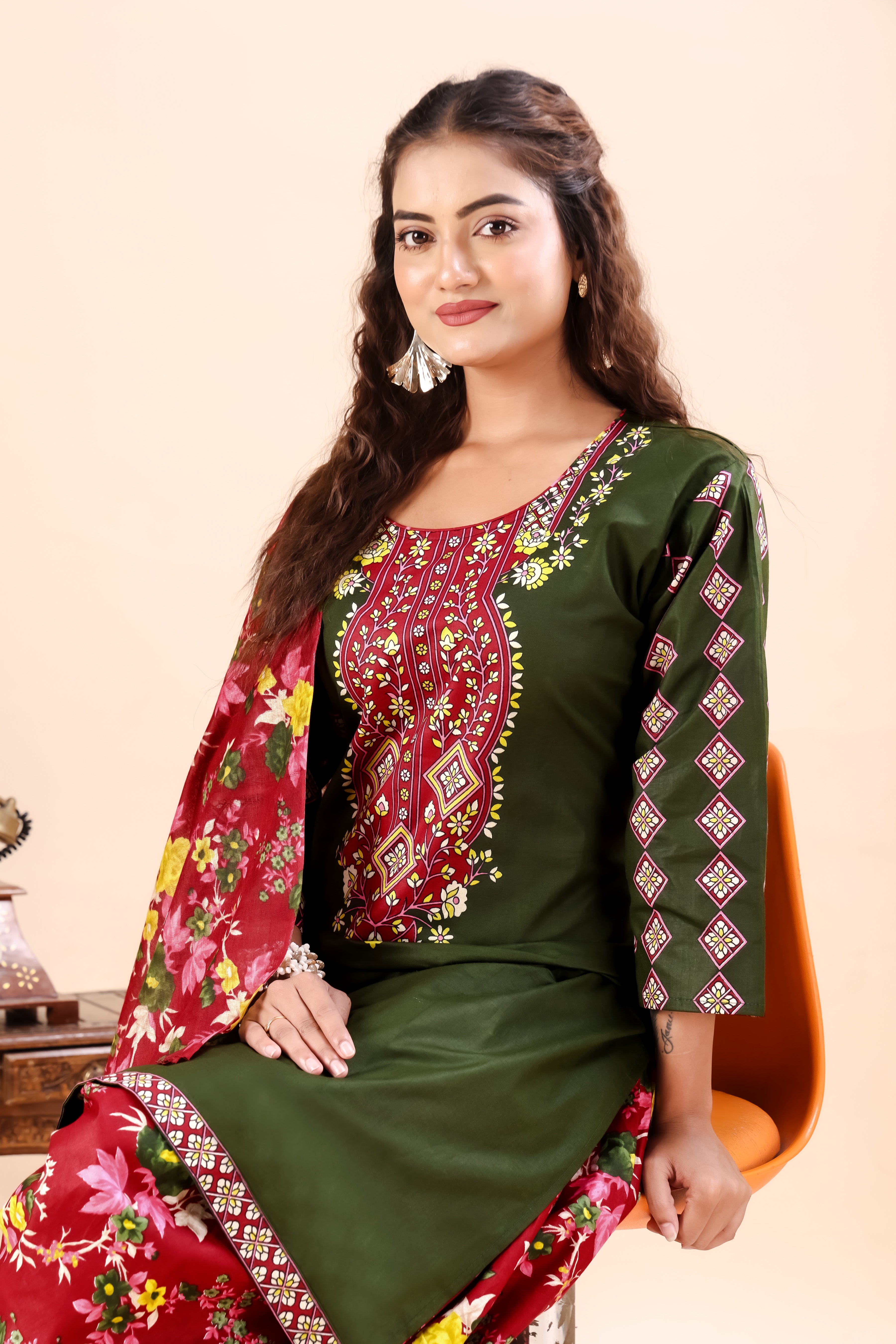 Olive Green Printed Patiala Suit Set