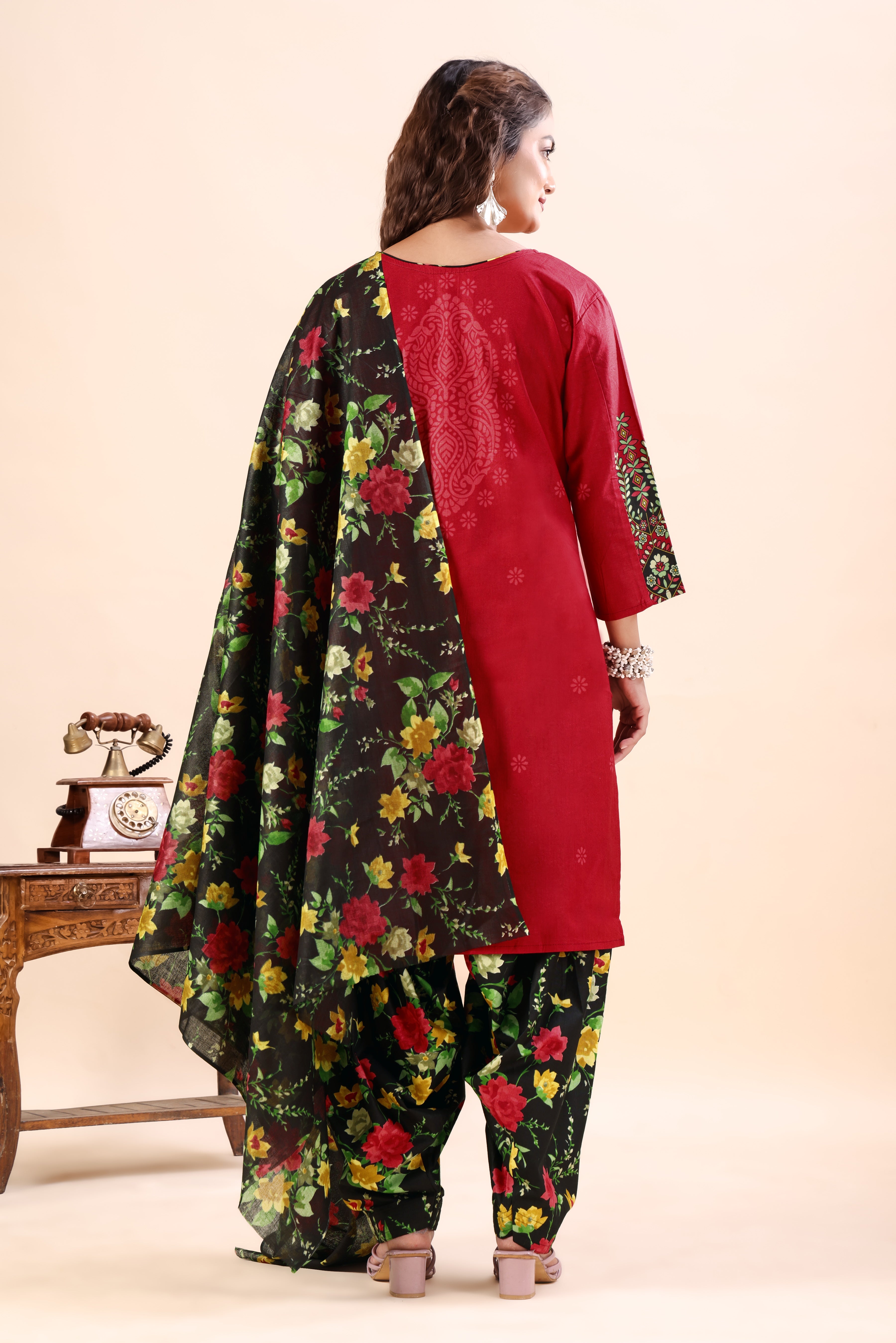 Red Floral Printed Patiala Suit Set
