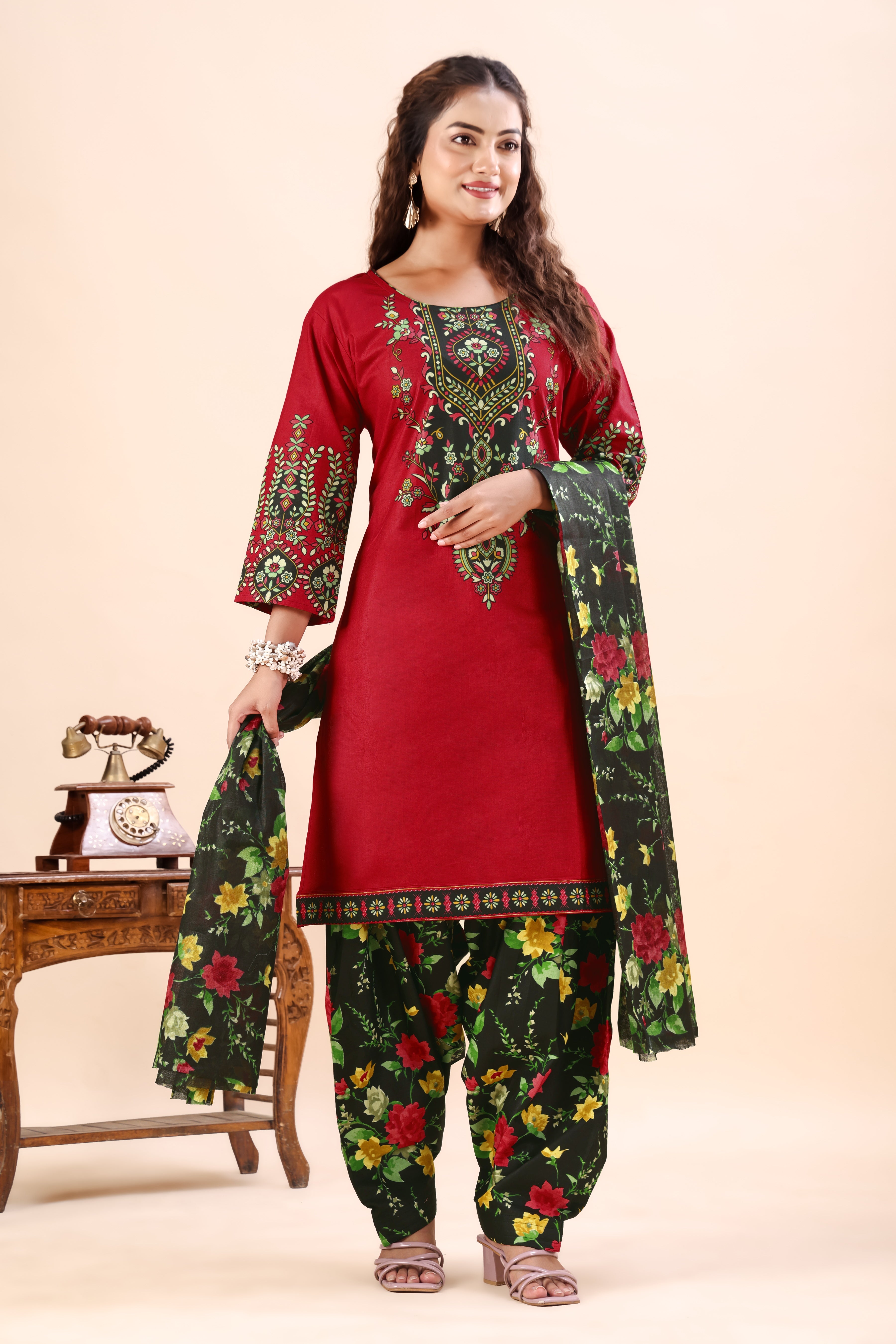 Red Floral Printed Patiala Suit Set