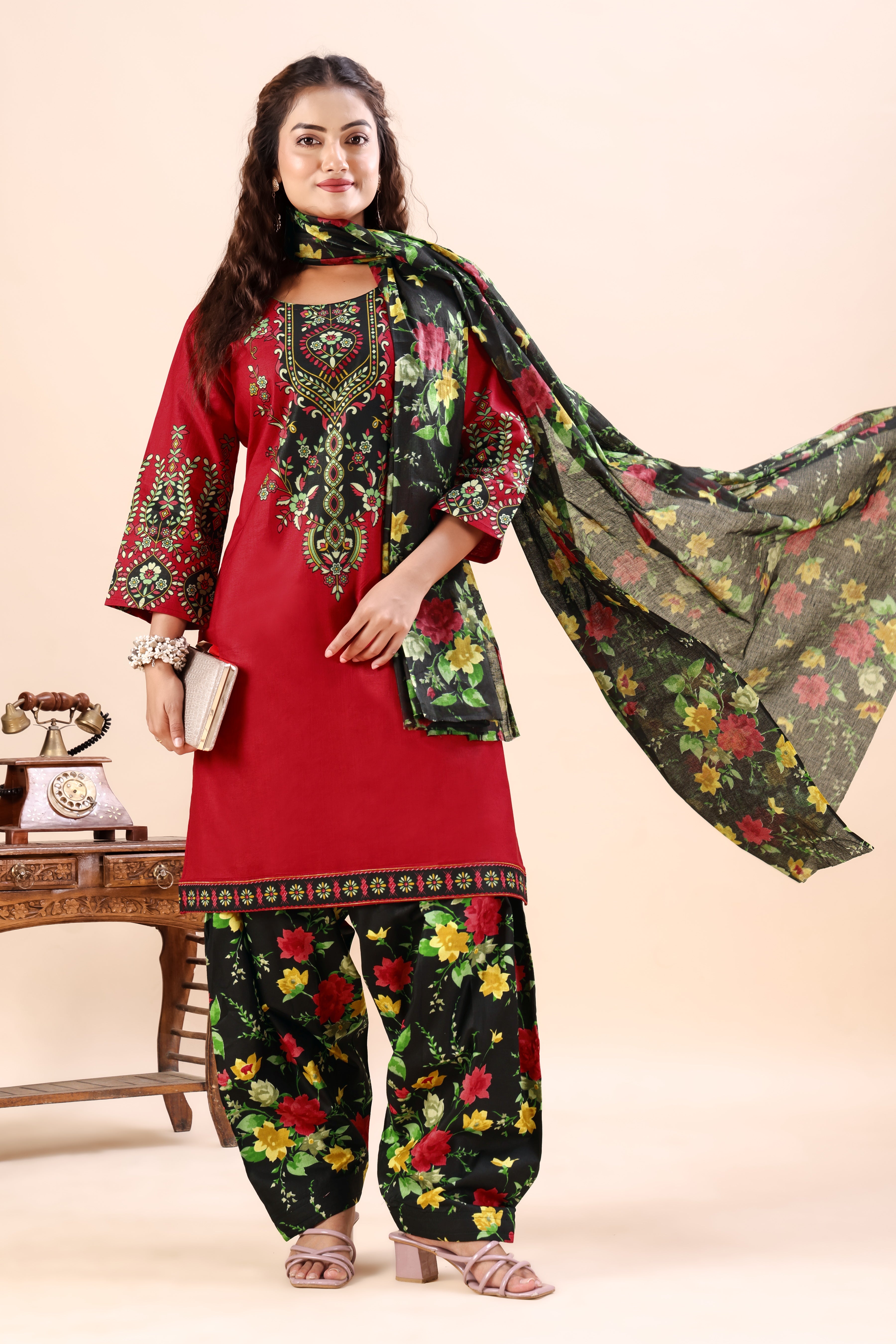 Red Floral Printed Patiala Suit Set