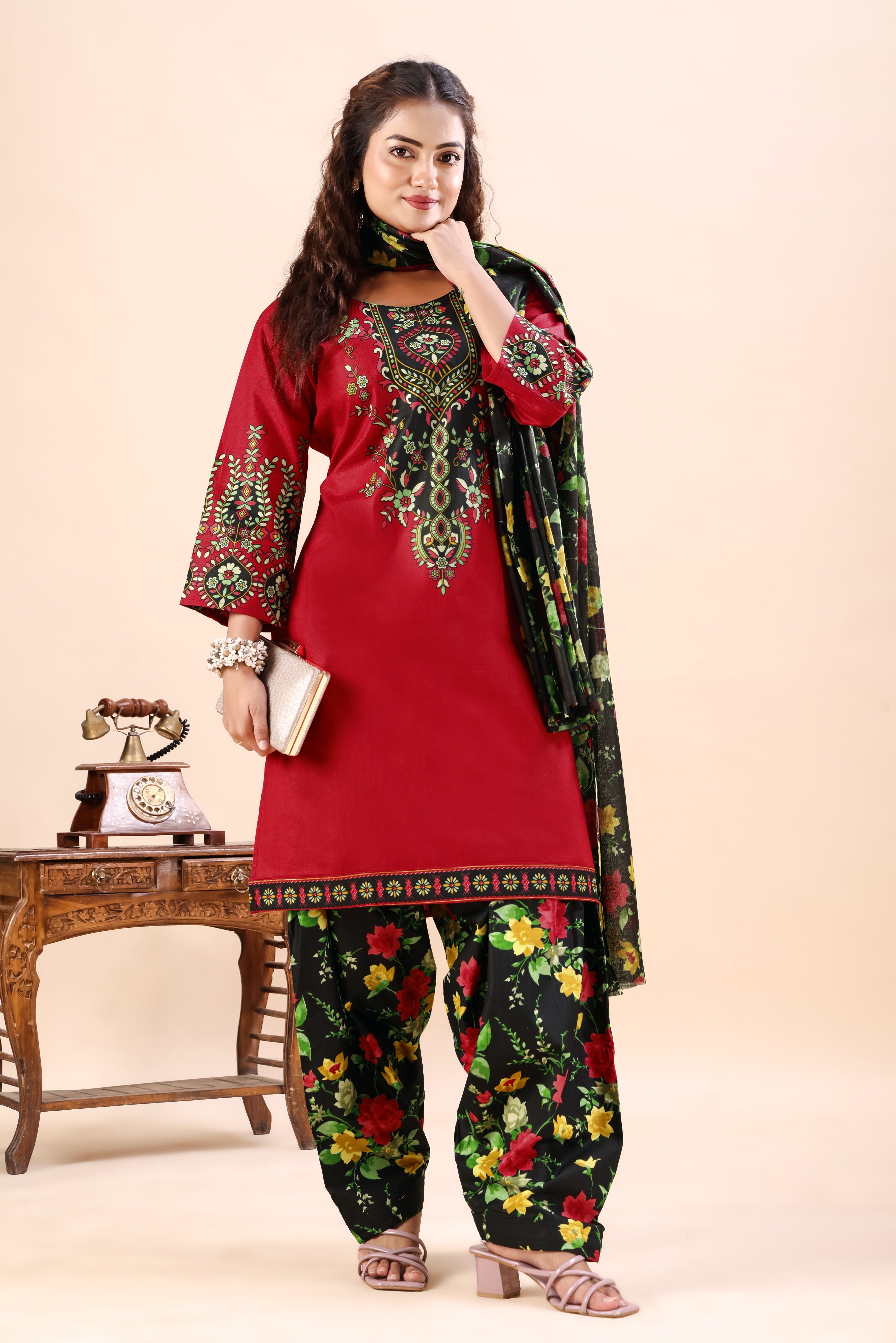 Red Floral Printed Patiala Suit Set