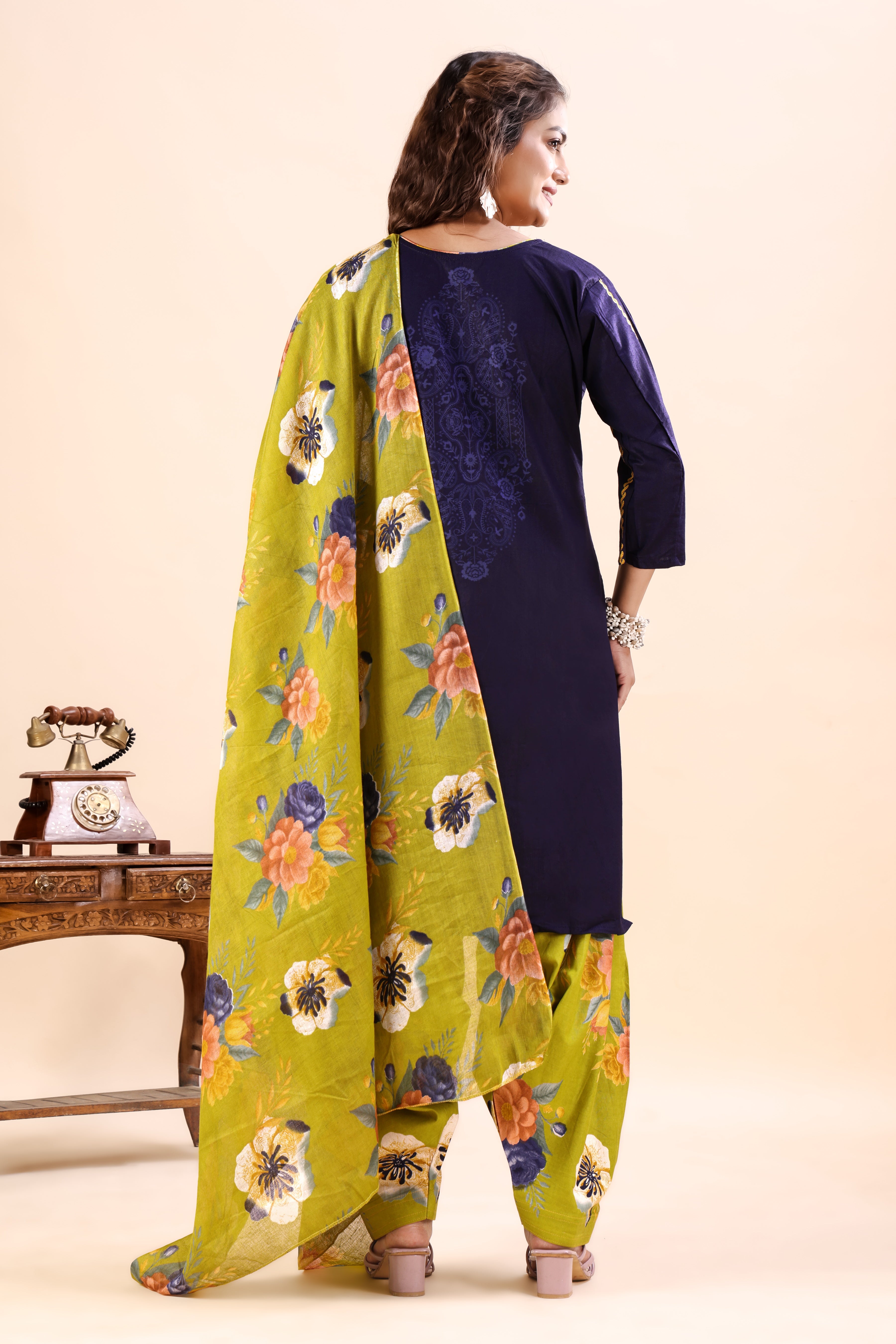 Navy Blue Floral Printed Patiala Suit Set