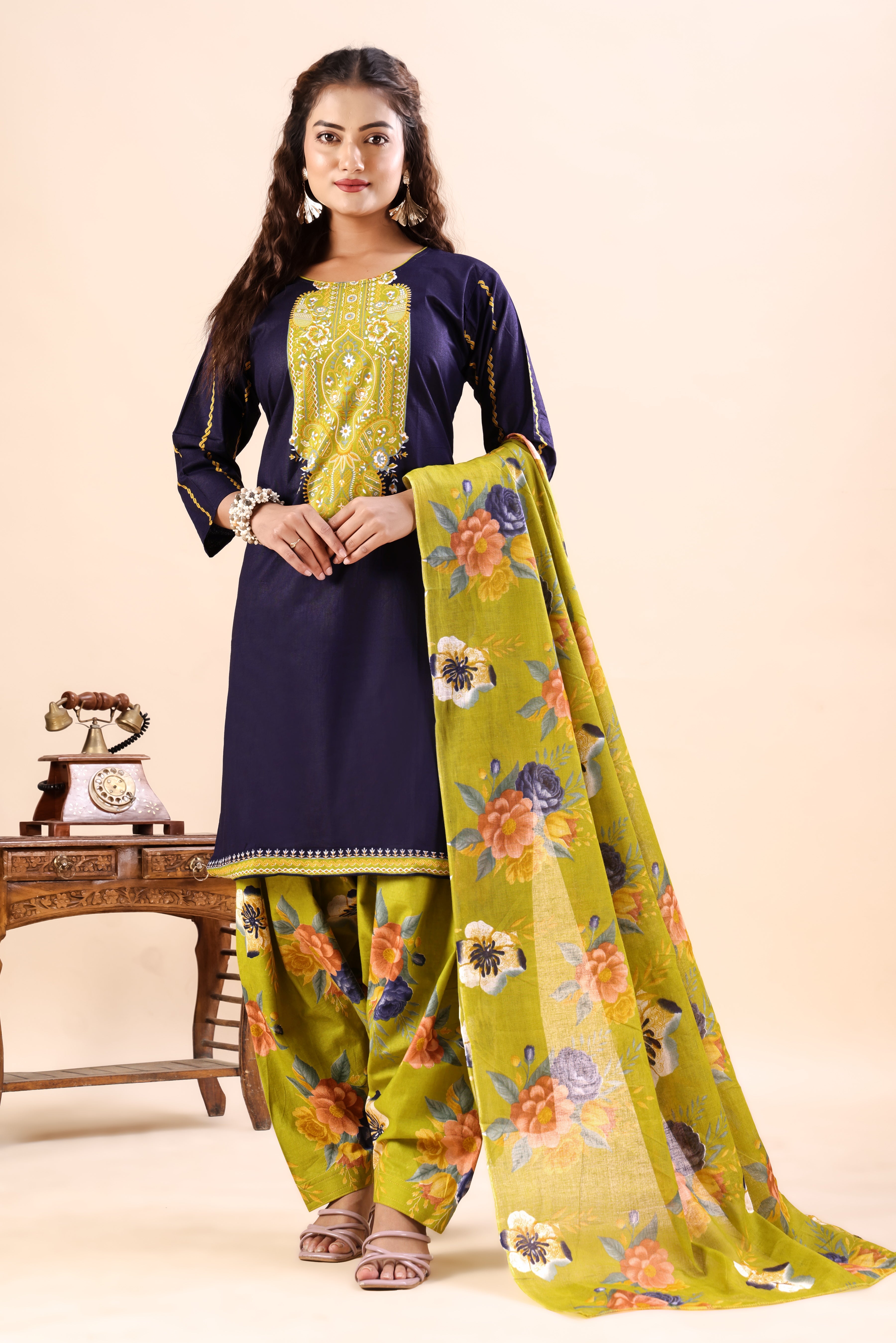 Navy Blue Floral Printed Patiala Suit Set