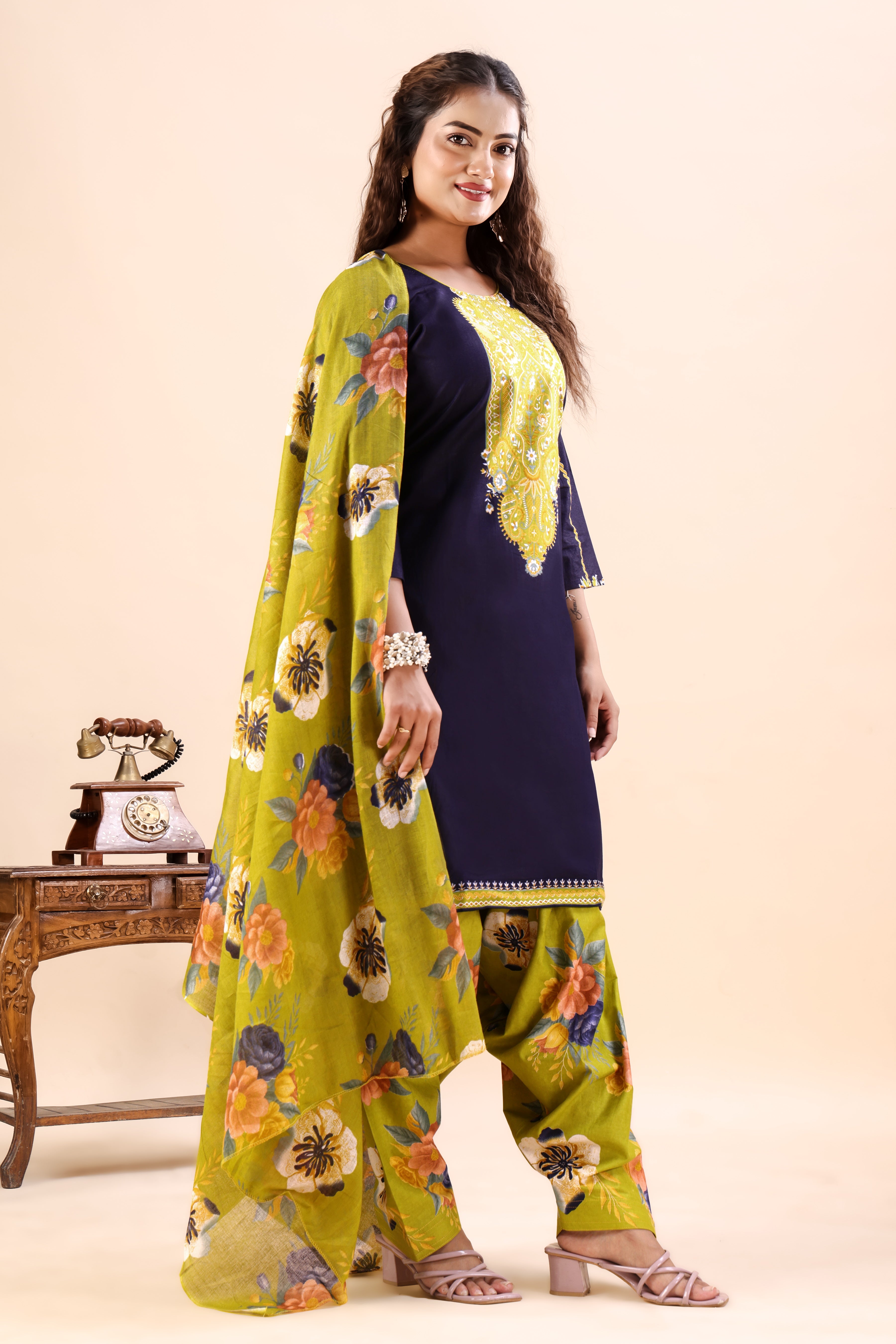 Navy Blue Floral Printed Patiala Suit Set