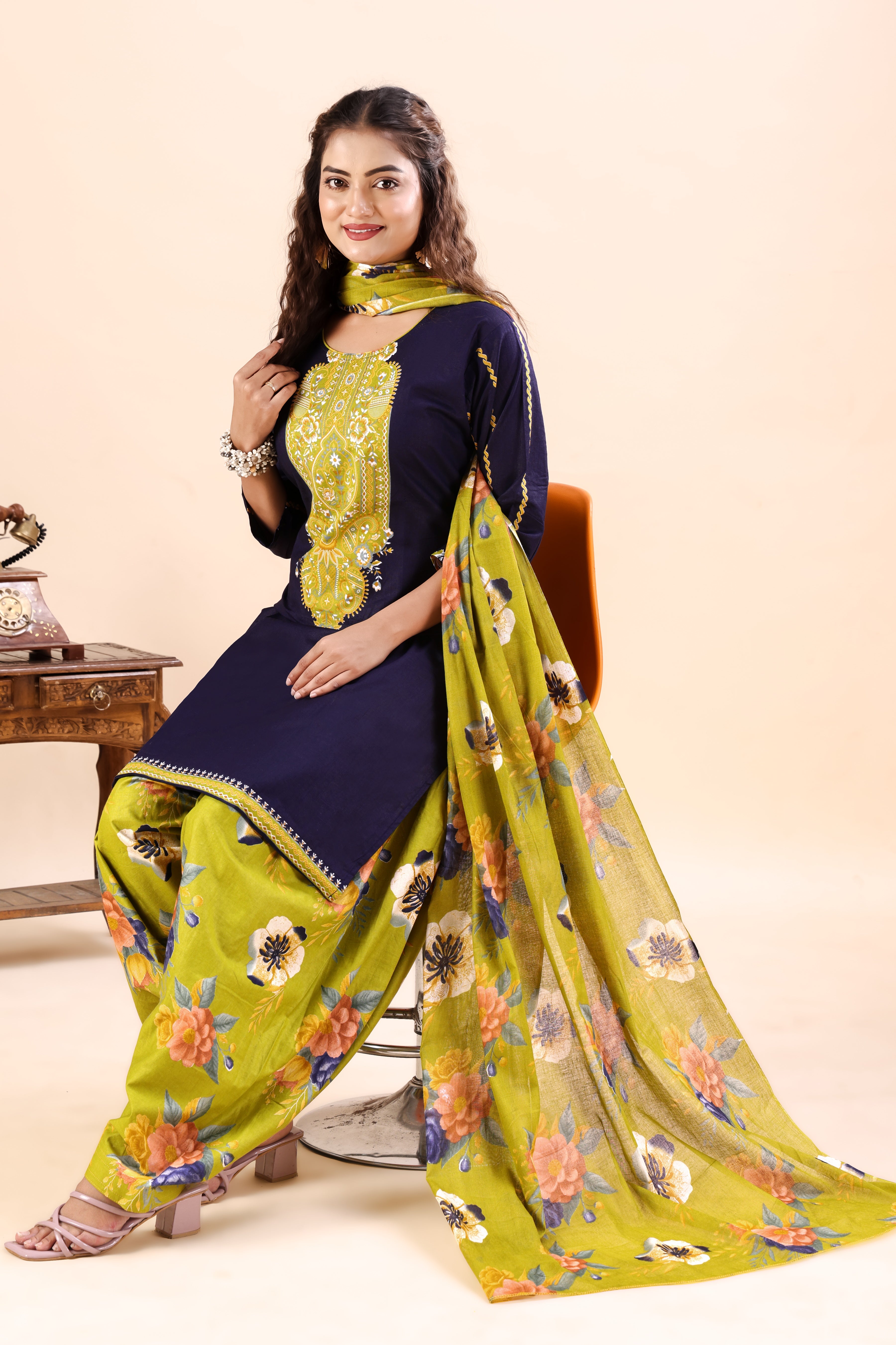 Navy Blue Floral Printed Patiala Suit Set