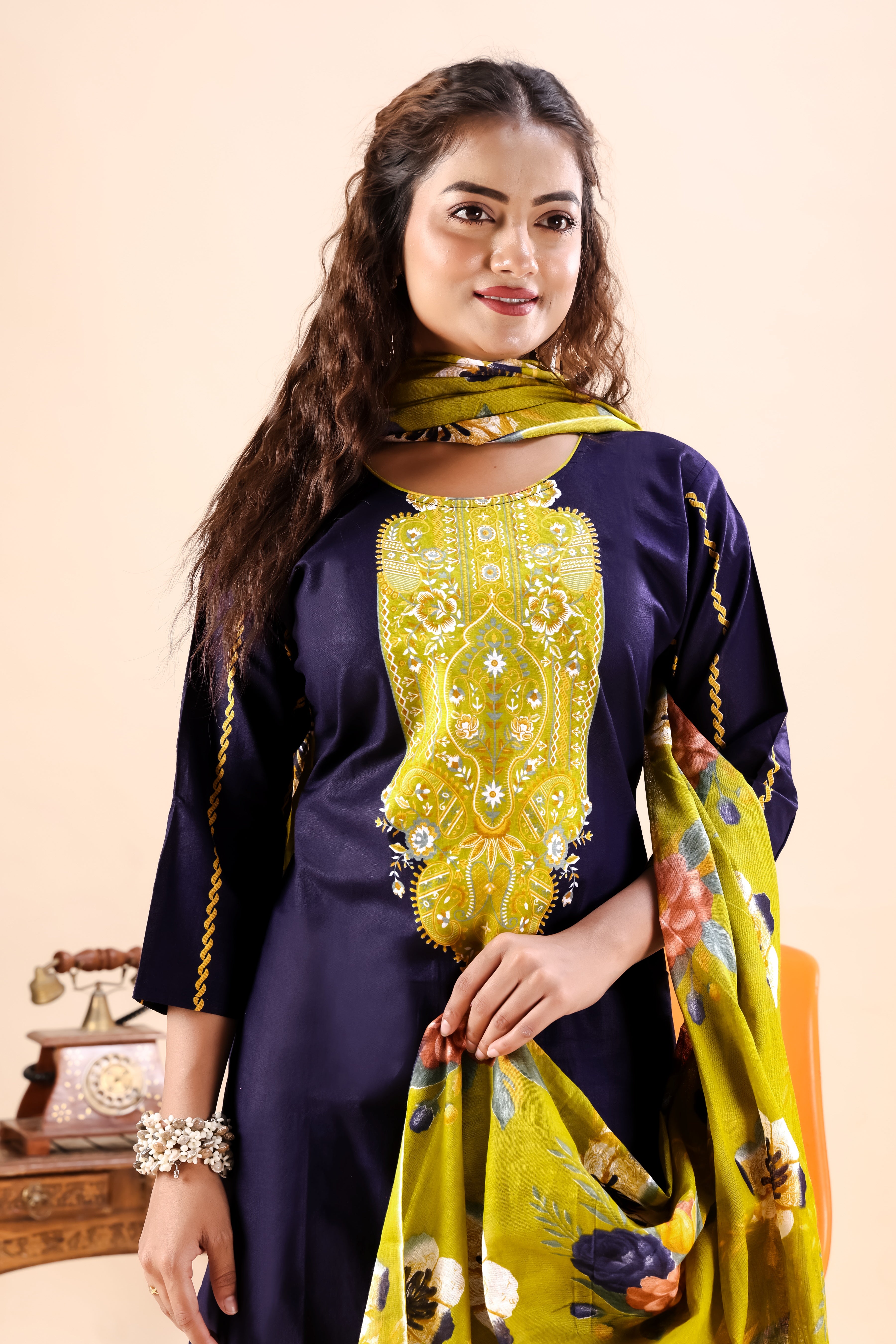 Navy Blue Floral Printed Patiala Suit Set
