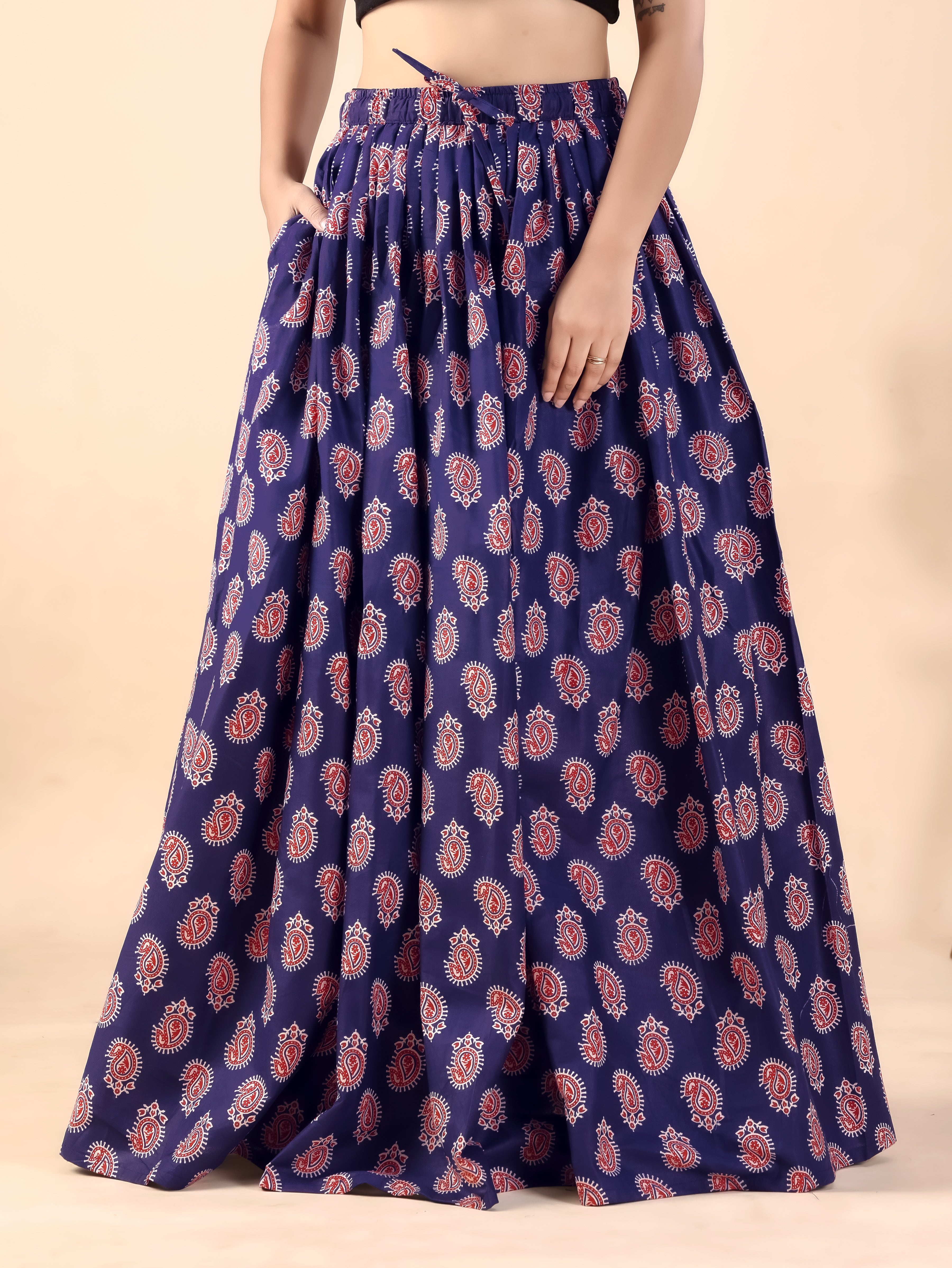 Navy Blue Paisley Printed Flared Skirt