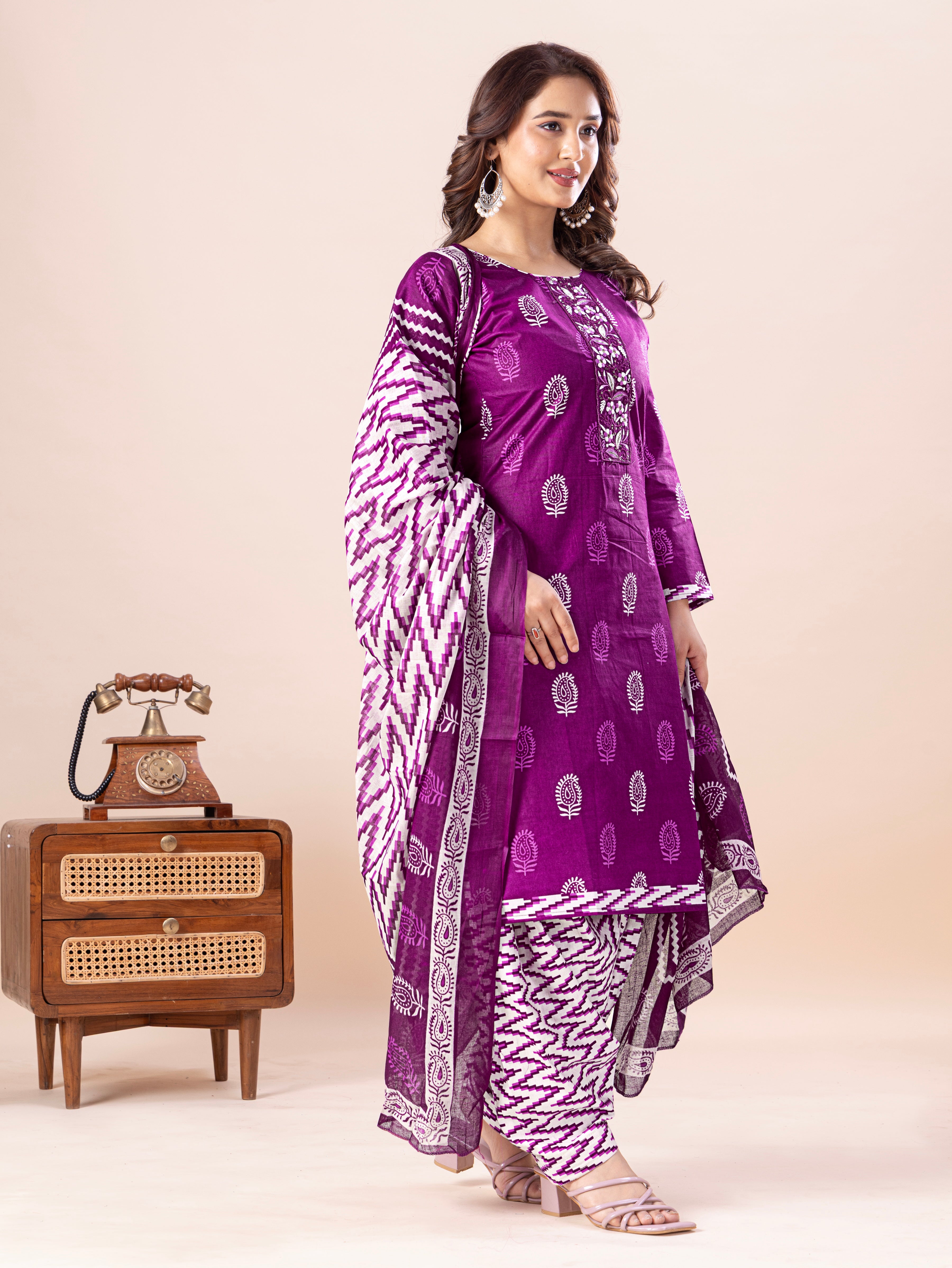 Purple Traditional Print Patiala Suit Set