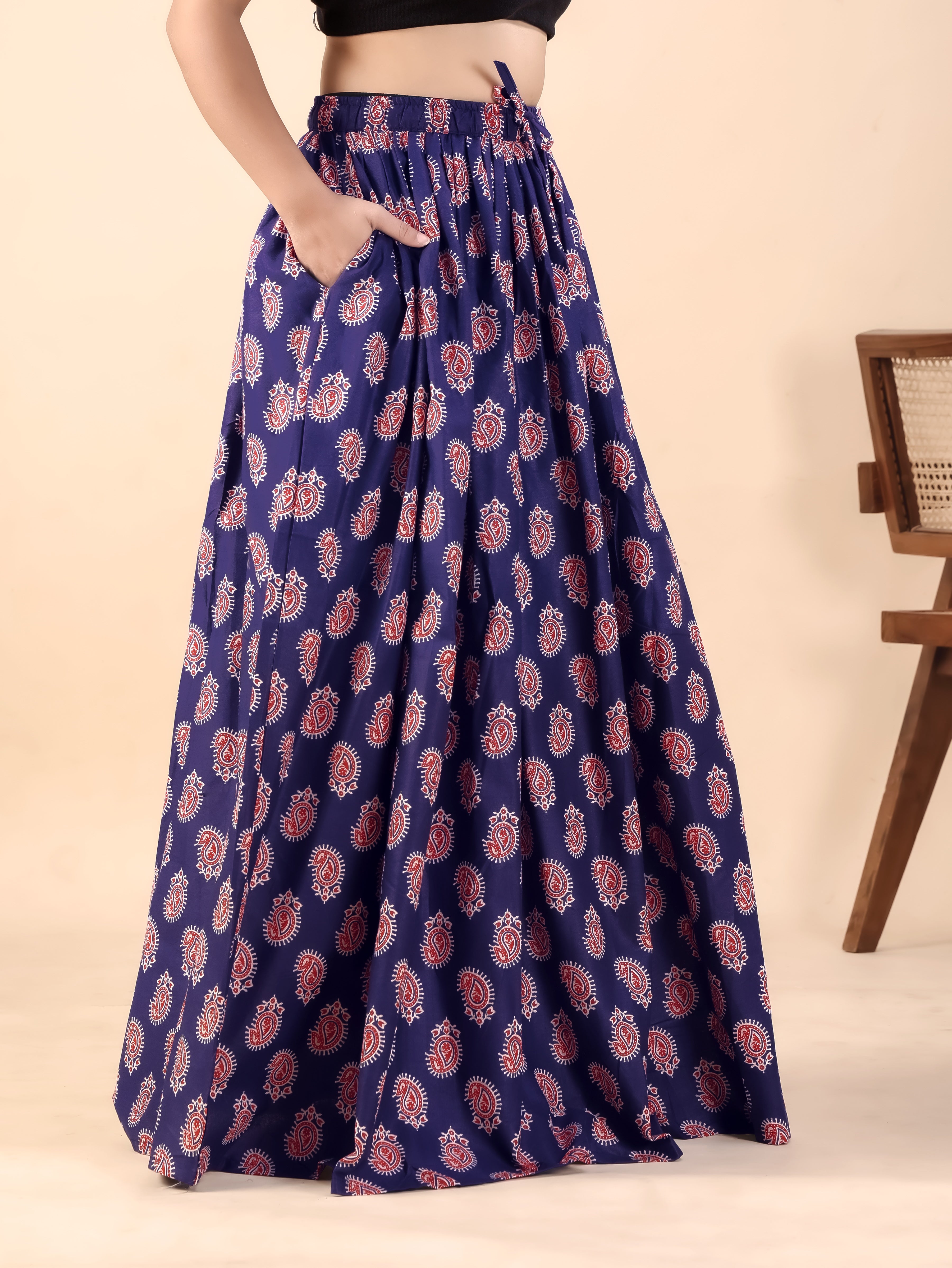 Navy Blue Paisley Printed Flared Skirt