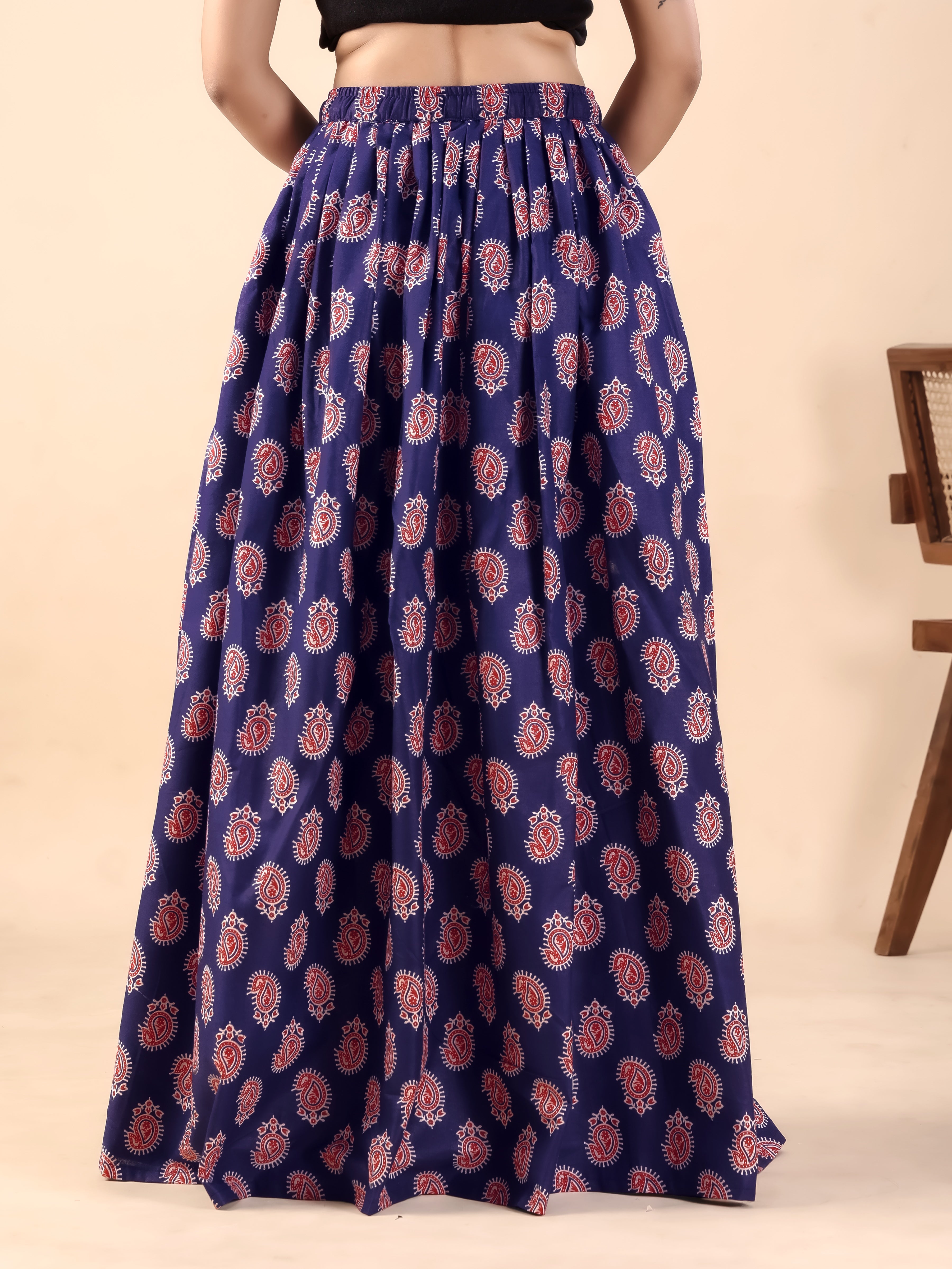 Navy Blue Paisley Printed Flared Skirt