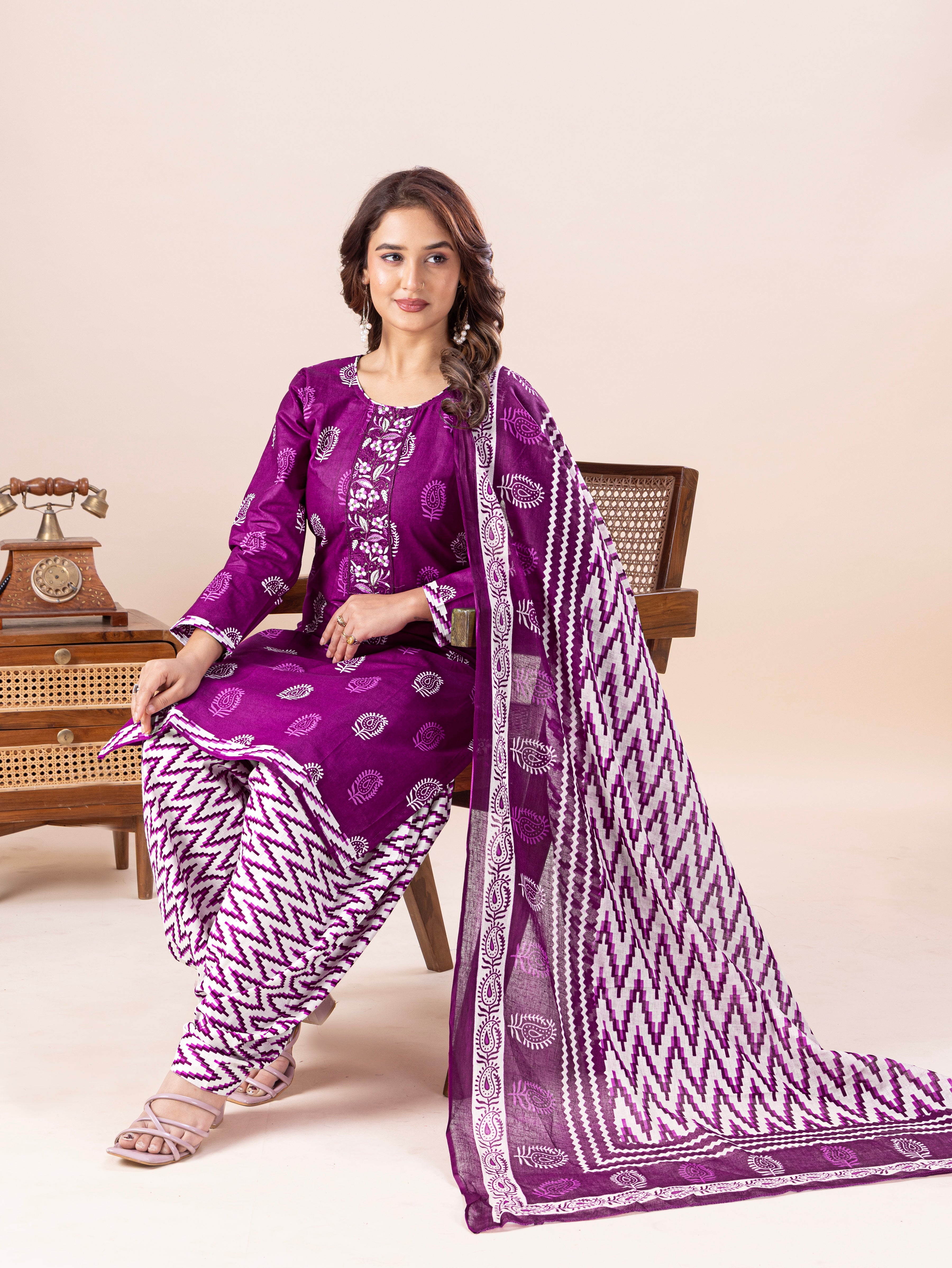 Purple Traditional Print Patiala Suit Set