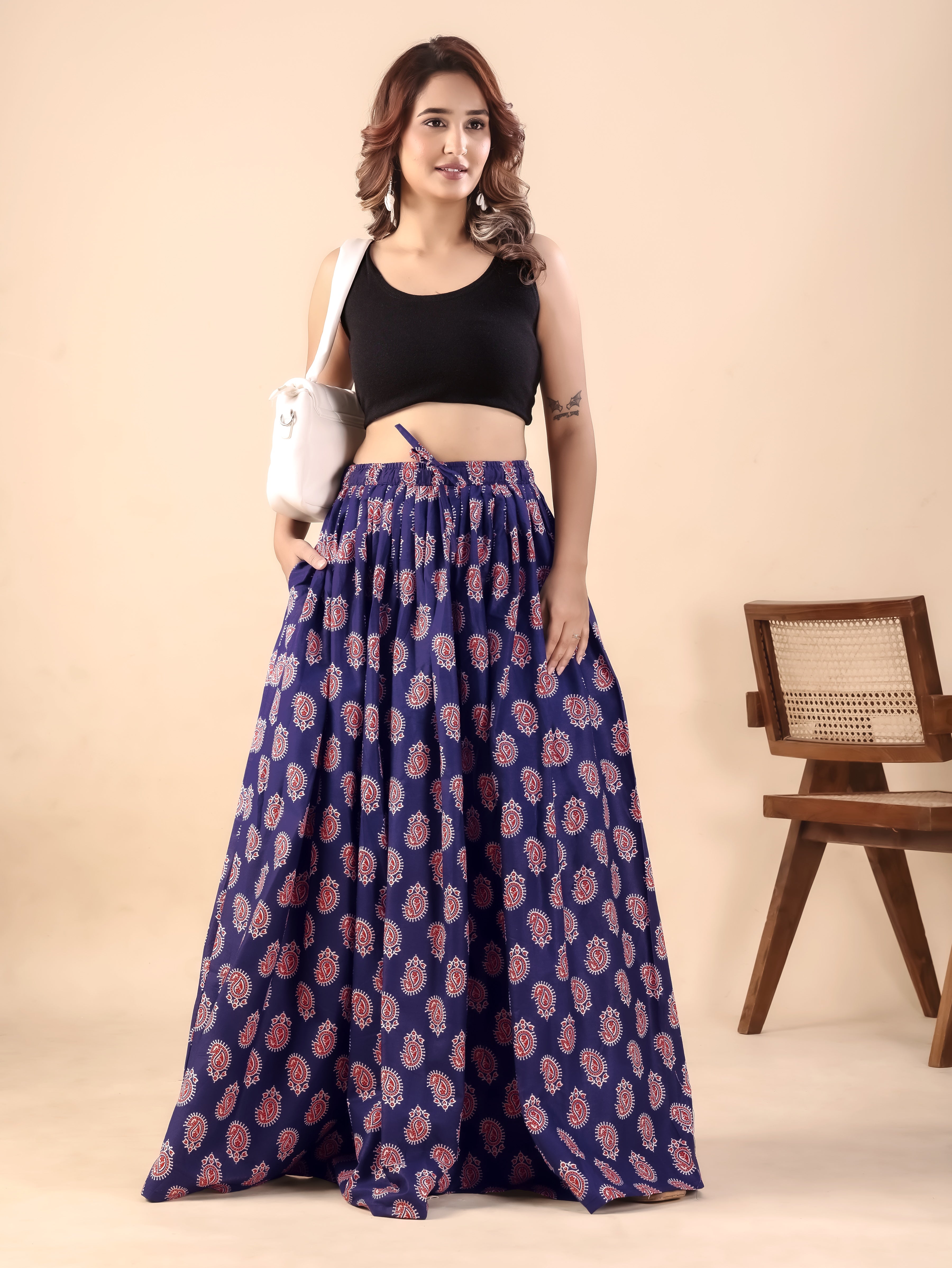 Navy Blue Paisley Printed Flared Skirt
