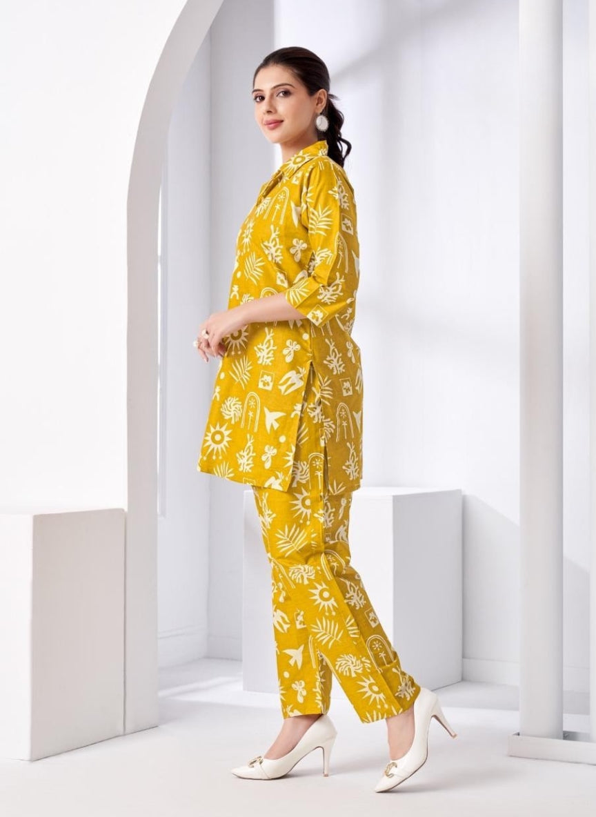 Mustard Yellow Abstract Printed Women Coord Set