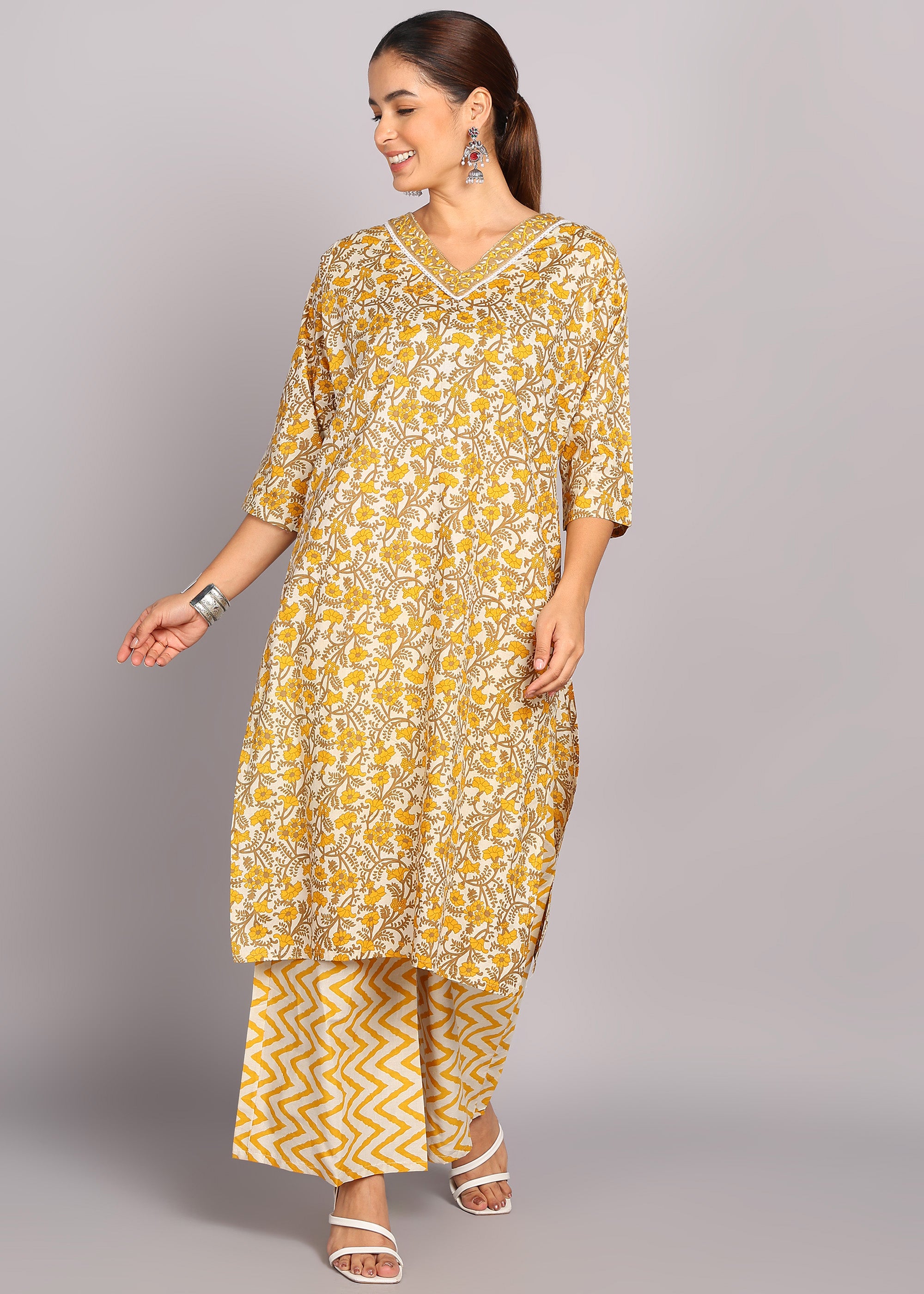 Mustard Floral Printed Kurta Set