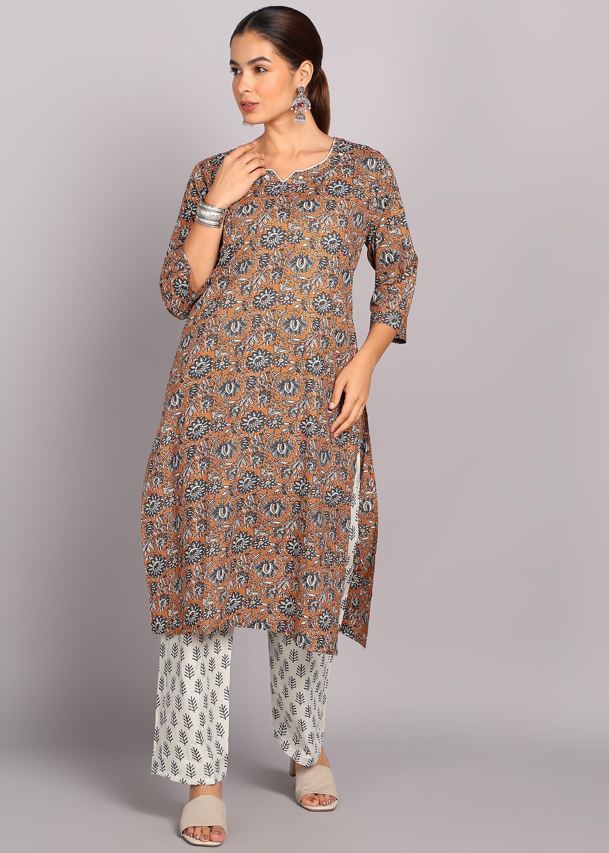 Brown Floral Printed Kurta Set