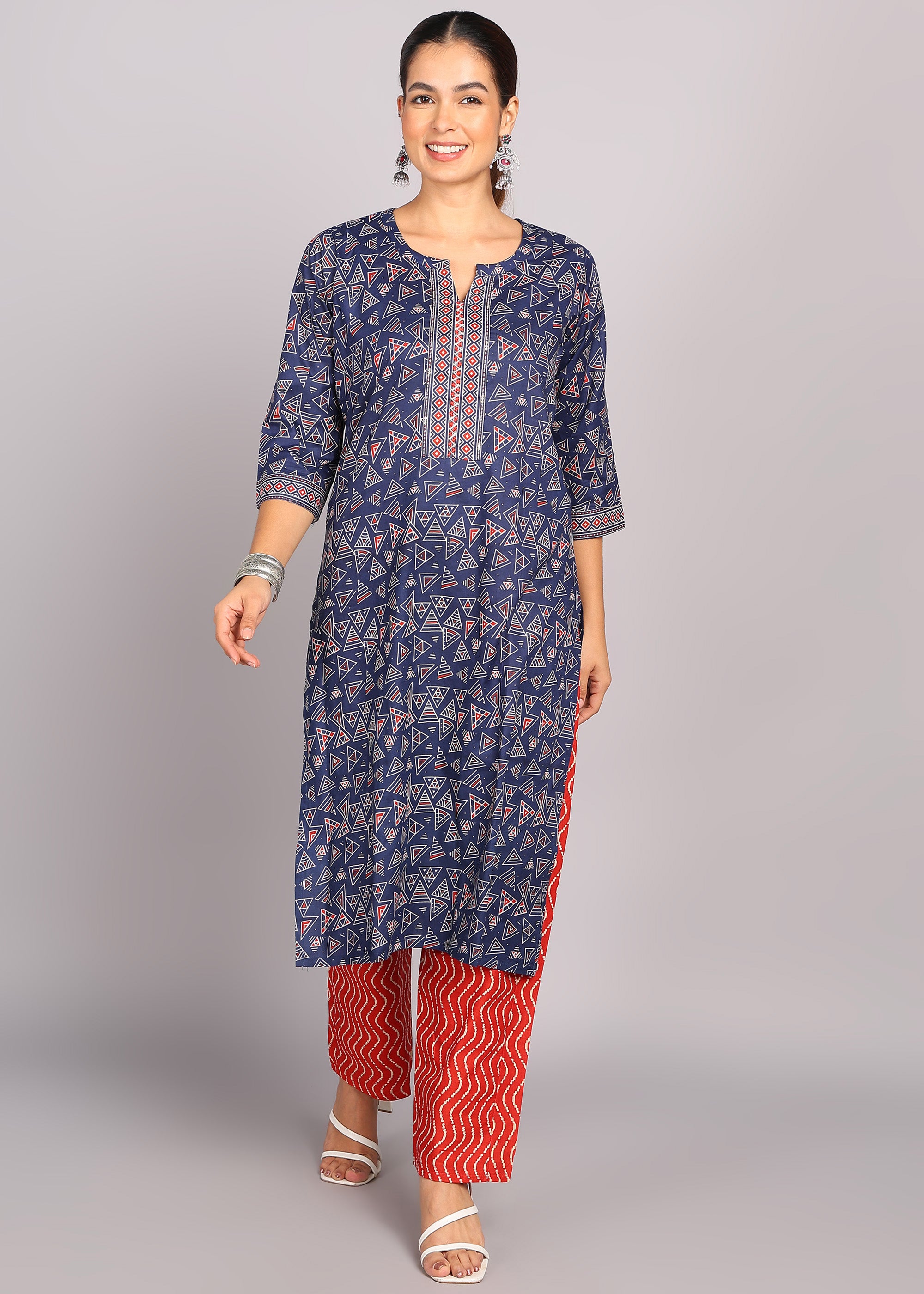 Navy Blue Geometric Kurta Set