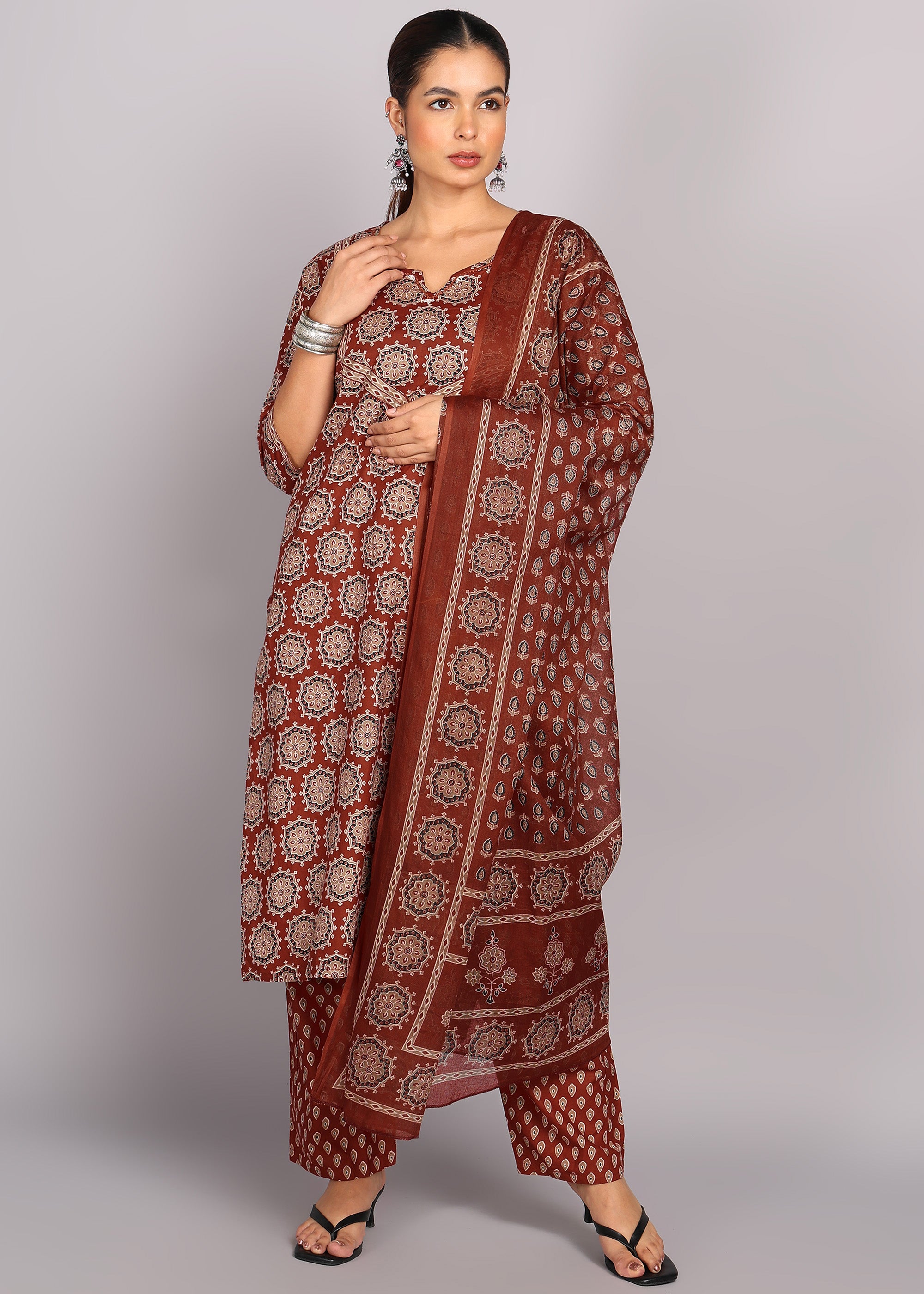 Rust Brown Printed Kurta Set with Dupatta