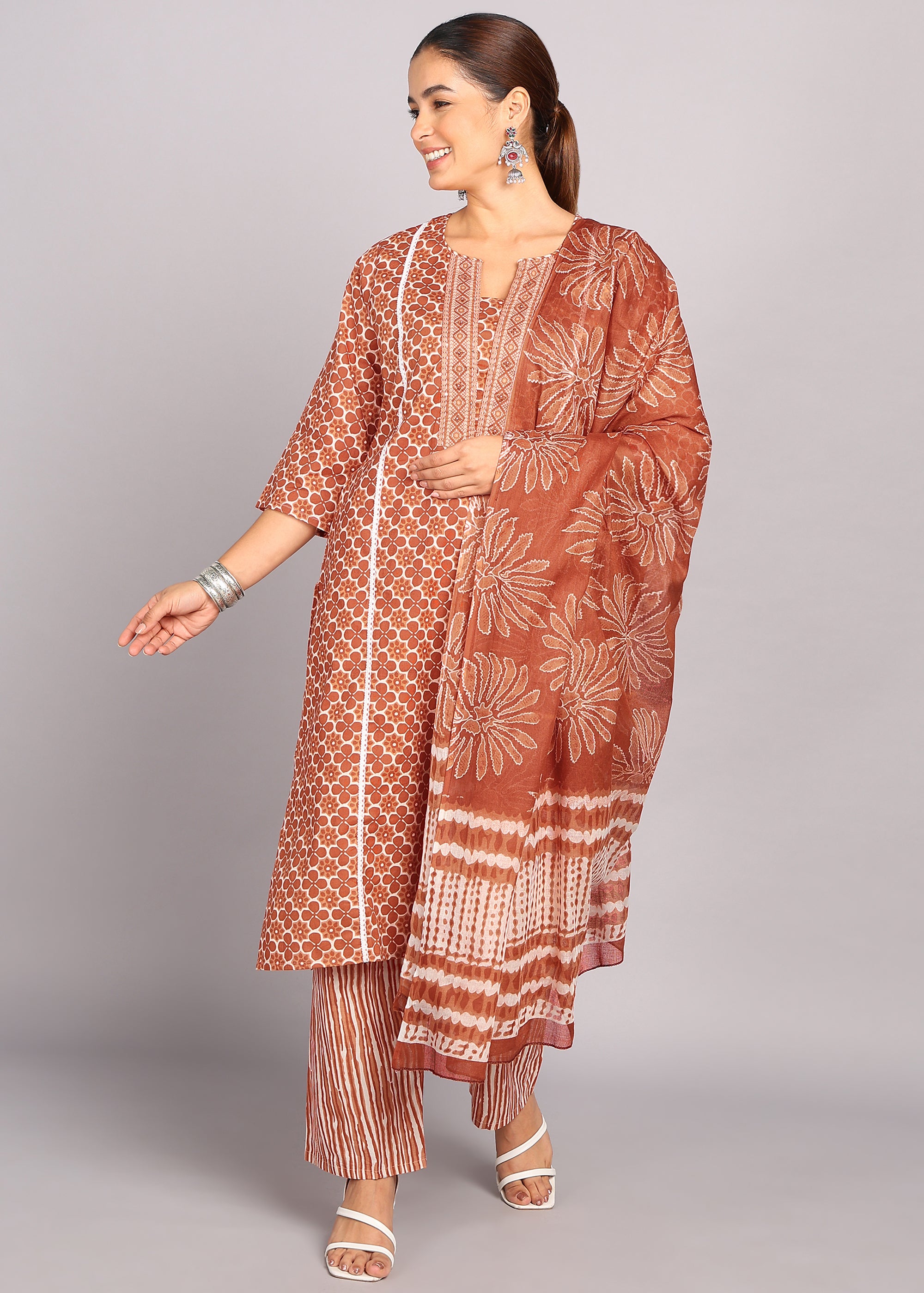 Brown Floral Printed Kurta Set