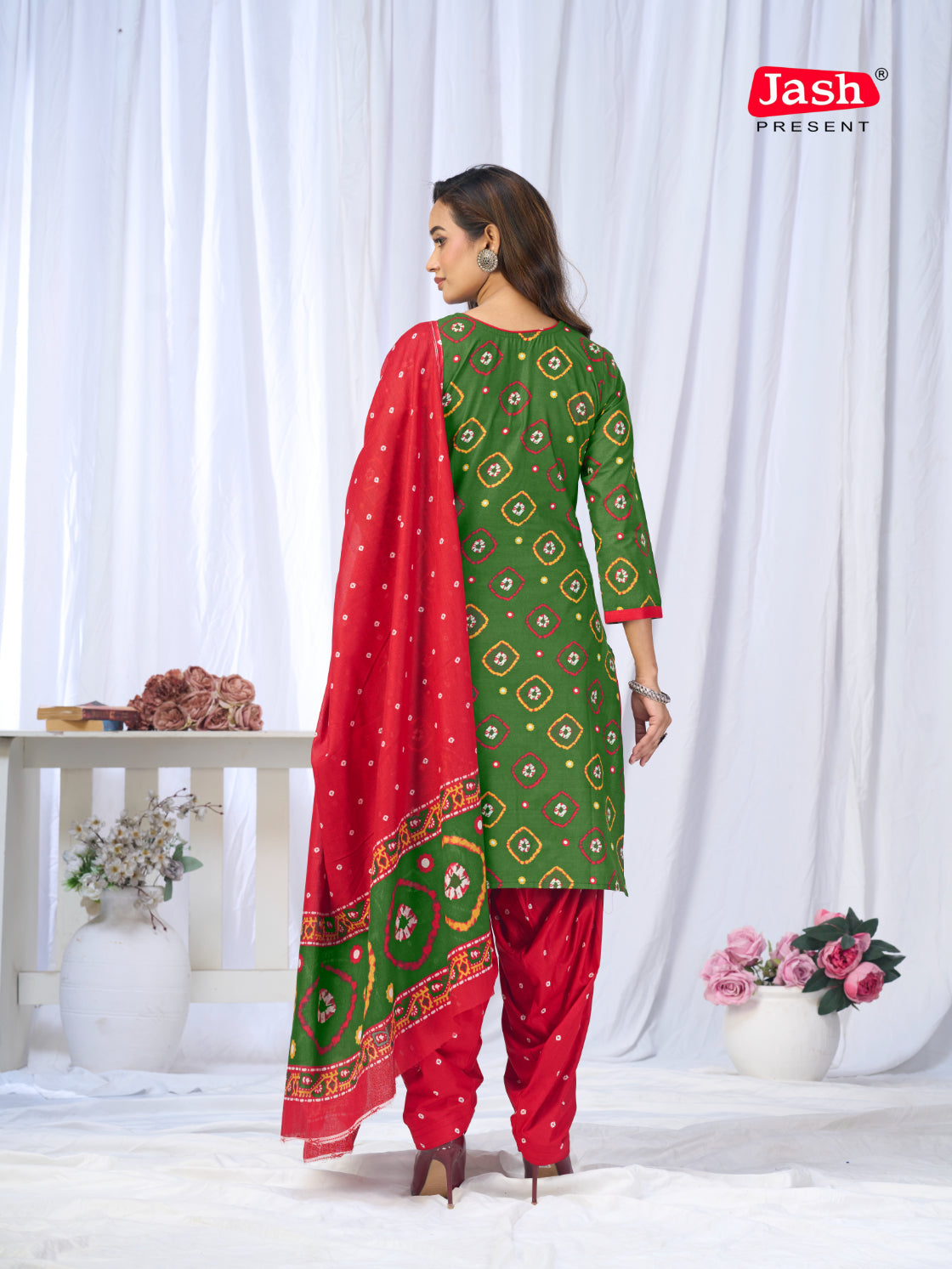 Green & Red Printed Patiala Suit Set with Dupatta